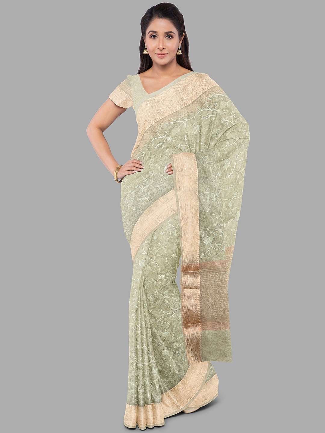 

The Chennai Silks Floral Printed Tissue Banarasi Saree, Silver