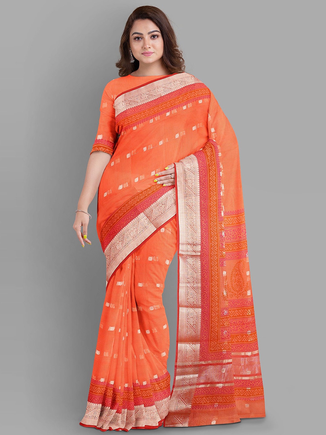 

The Chennai Silks Woven Design Zari Pure Cotton Chanderi Saree, Orange