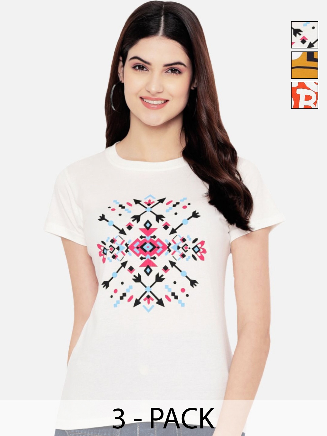 

Dreambe Women Pack of 3 Typography Printed Round Neck Cotton T-shirts, White