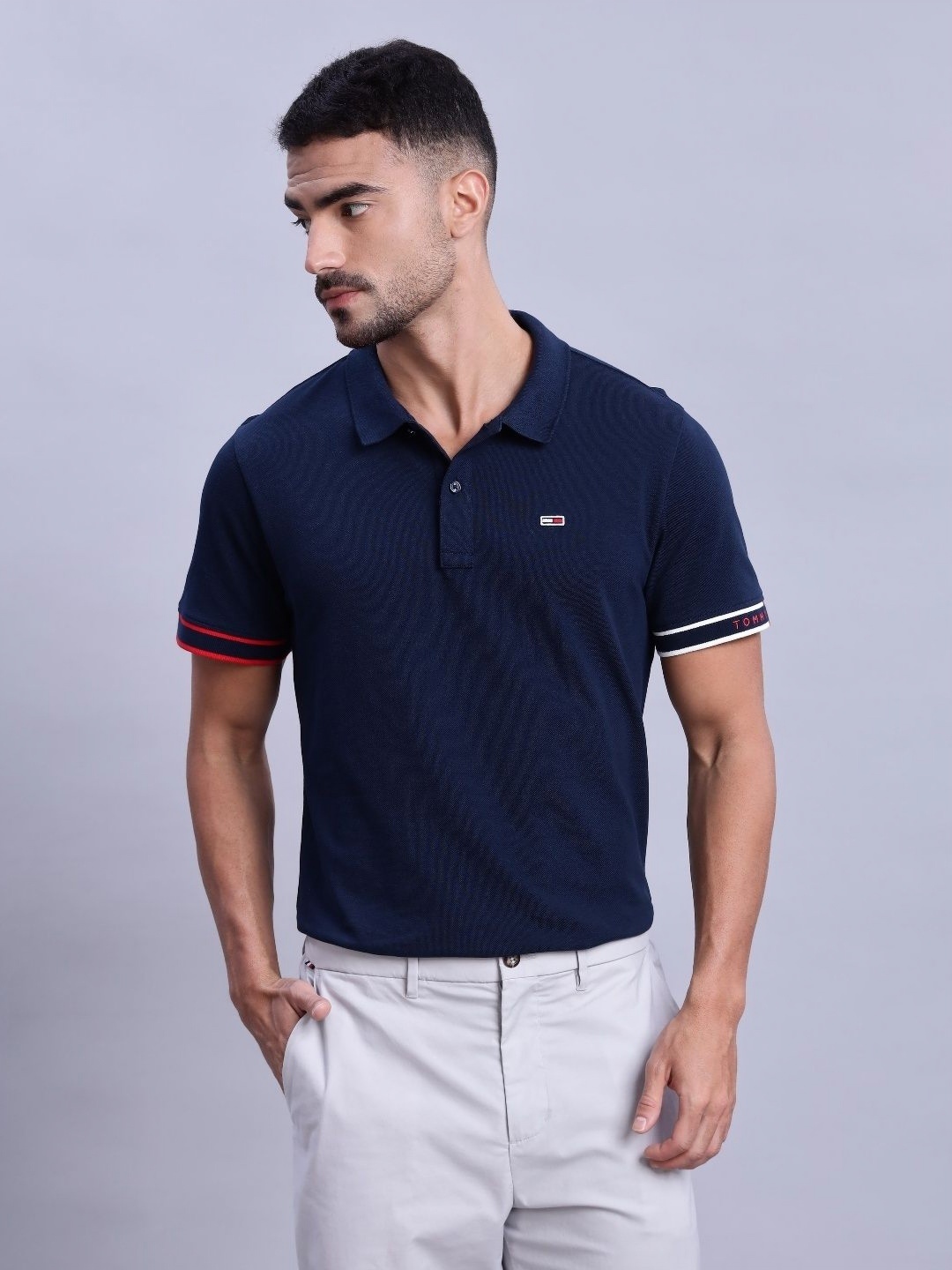 

Tommy Hilfiger Men Solid Polo Collar Cotton Slim Fit T-shirt, Navy blue