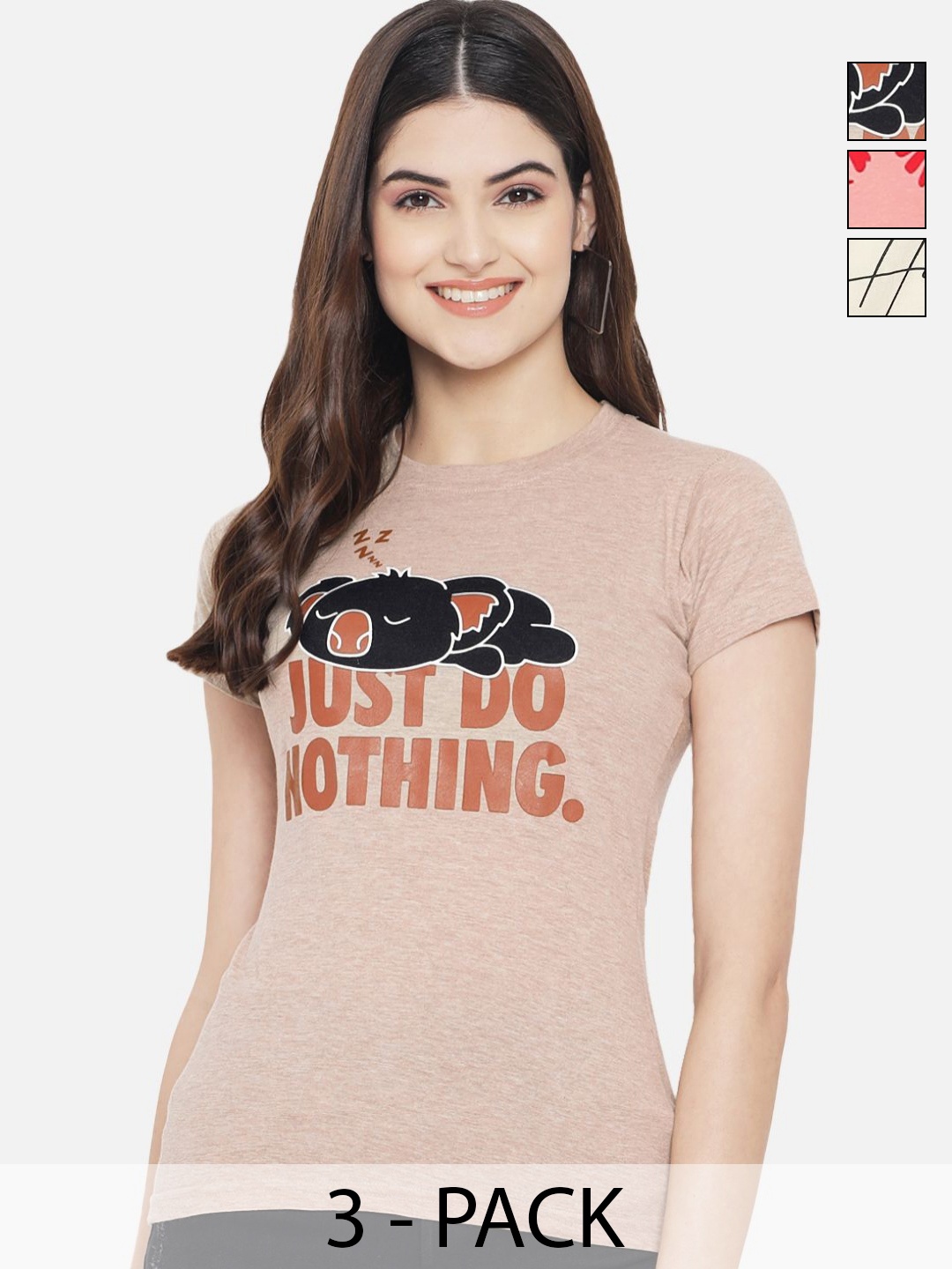 

Dreambe Pack Of 3 Typography Printed Cotton T-shirt, Peach