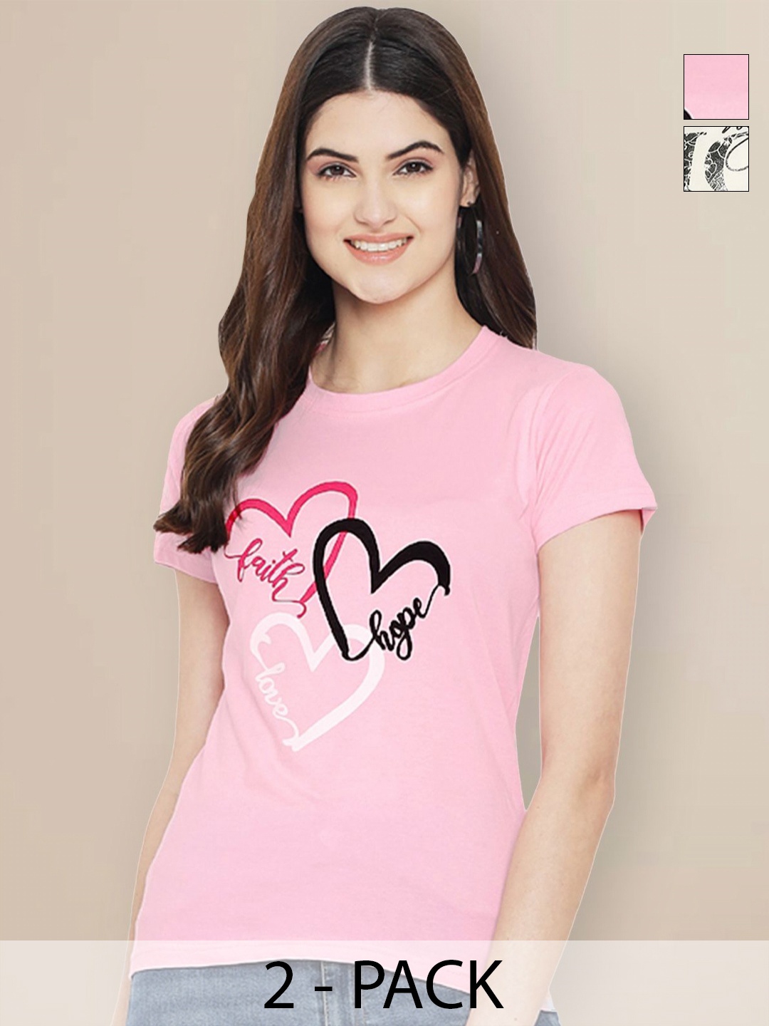 

GLOBAL NOMAD Pack Of 2 Typography Printed Round Neck Short Sleeves Cotton T-shirt, Pink