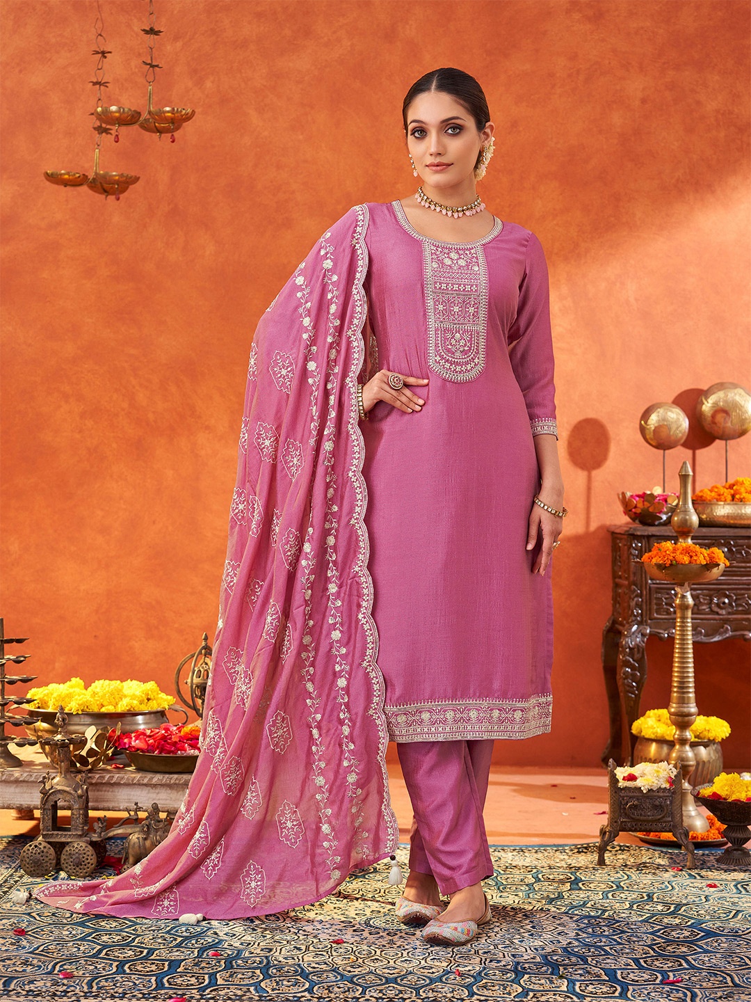 

KALINI Ethnic Motifs Yoke Design Thread Work Straight Kurta with Trousers & Dupatta, Pink