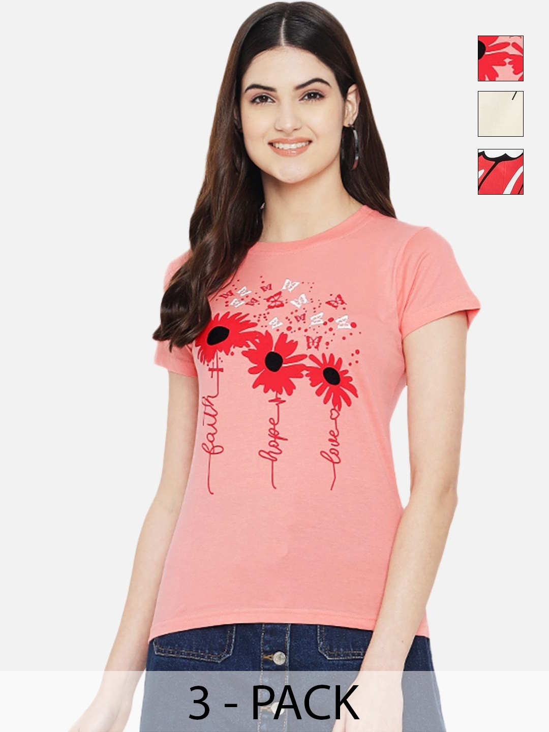 

Dreambe Women Pack of 3 Typography Printed Round Neck Cotton T-shirts, Peach