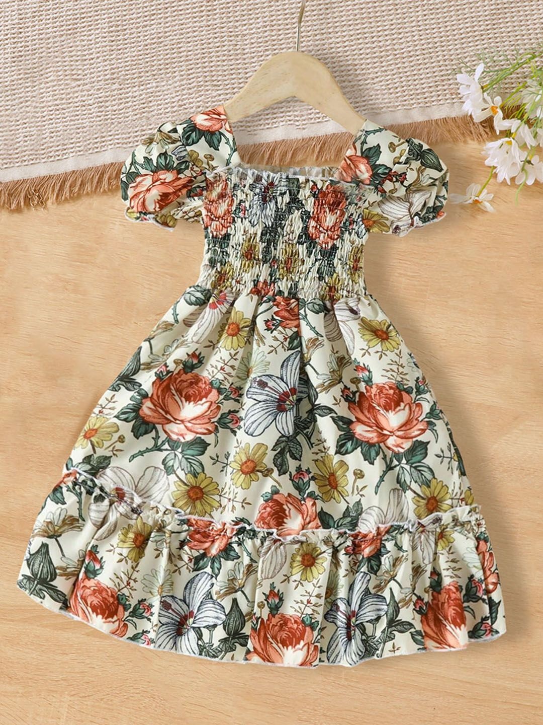 

INCLUD Girls Floral Print Puff Sleeve Smocked Detail Fit & Flare Dress, Off white