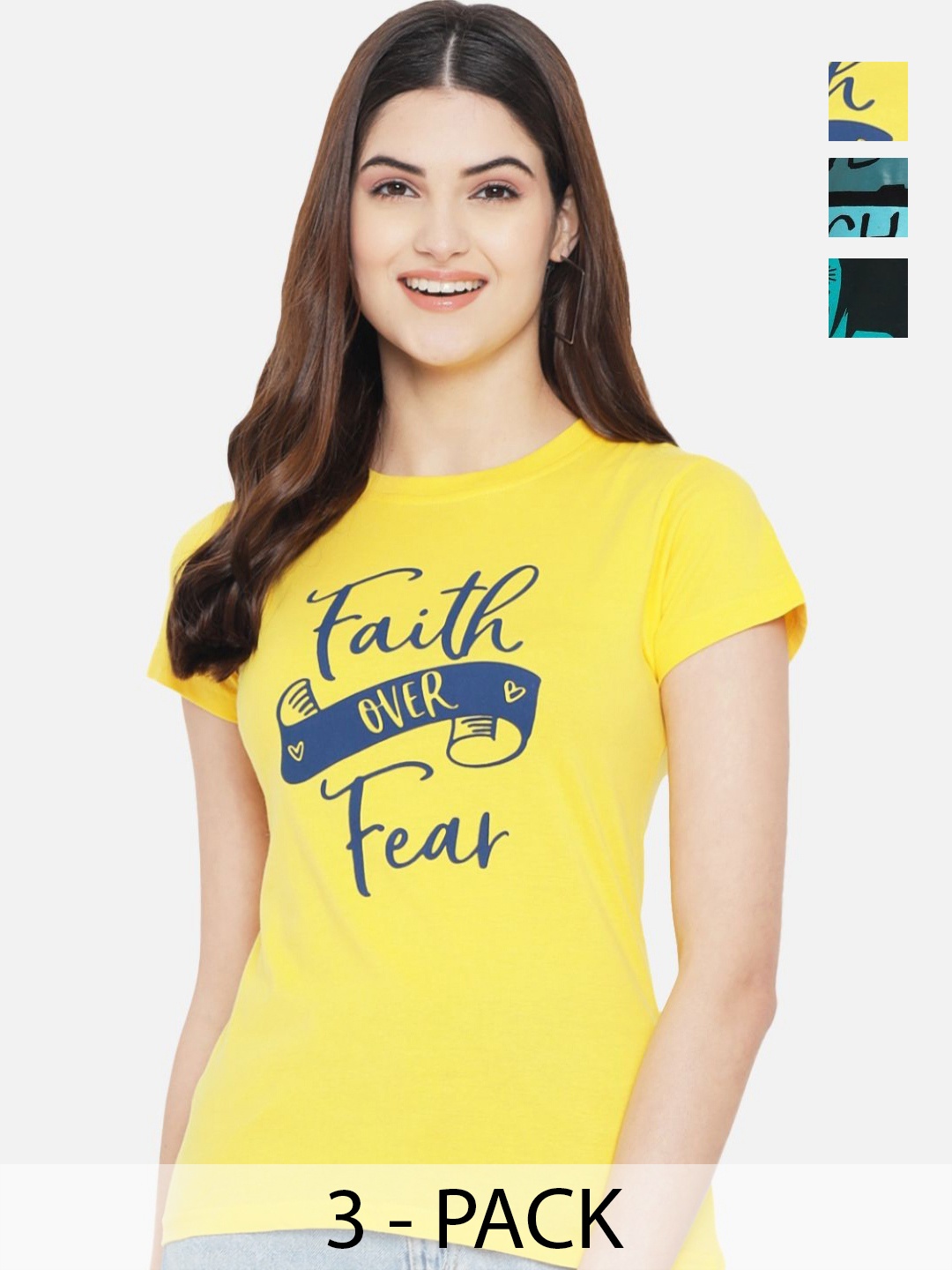 

Dreambe Women Pack of 3 Typography Printed Round Neck Cotton T-shirts, Yellow