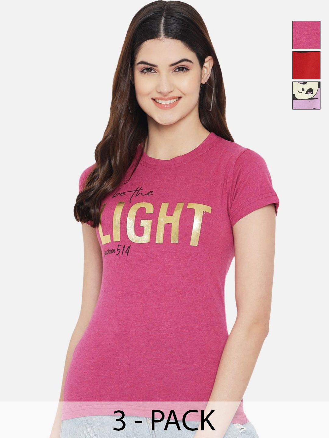 

Dreambe Women Pack of 3 Typography Printed Round Neck Cotton T-shirts, Pink
