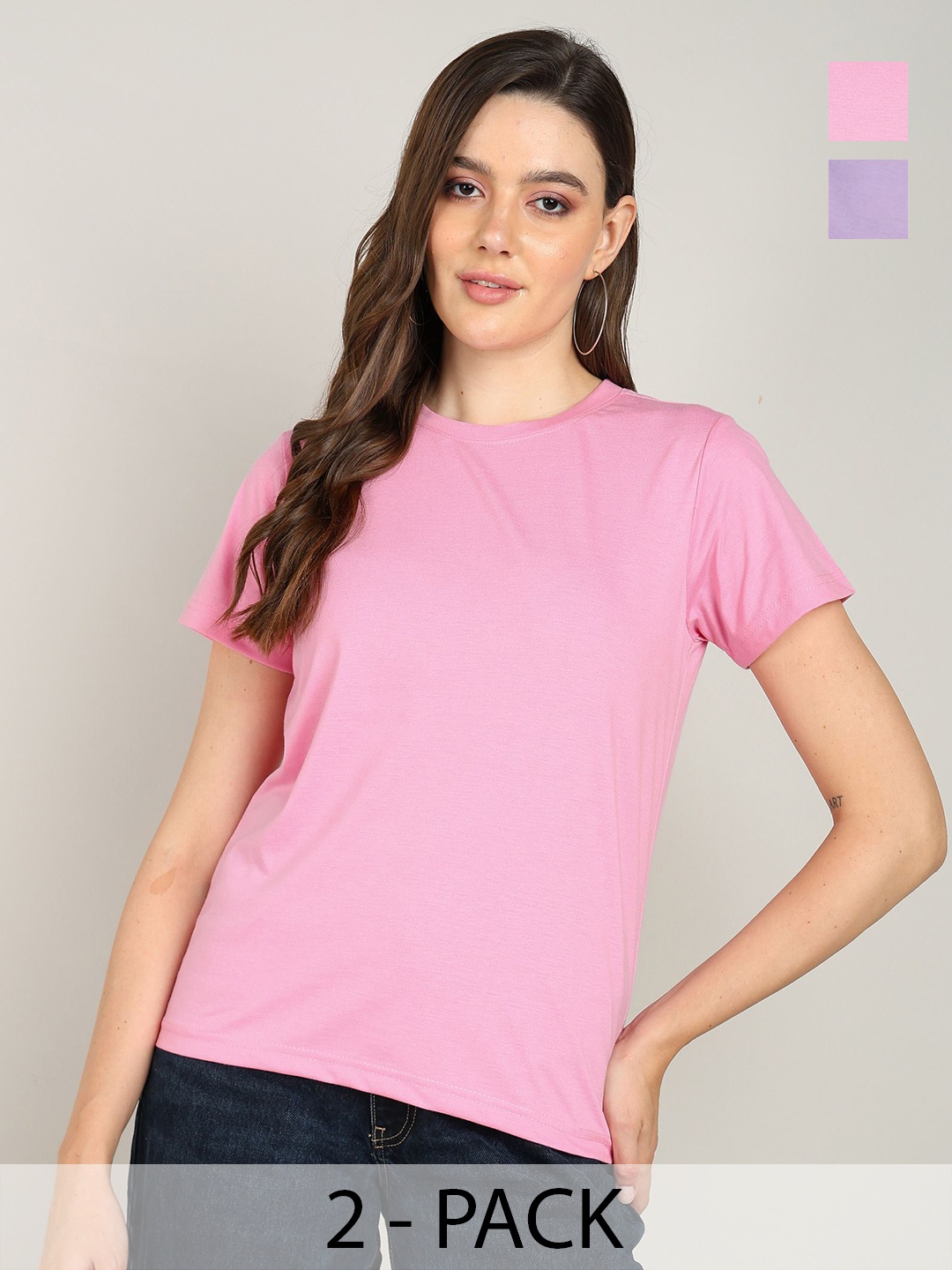 

Adyavastram Women Pack of 2 Solid Round Neck Cotton T-shirts, Pink