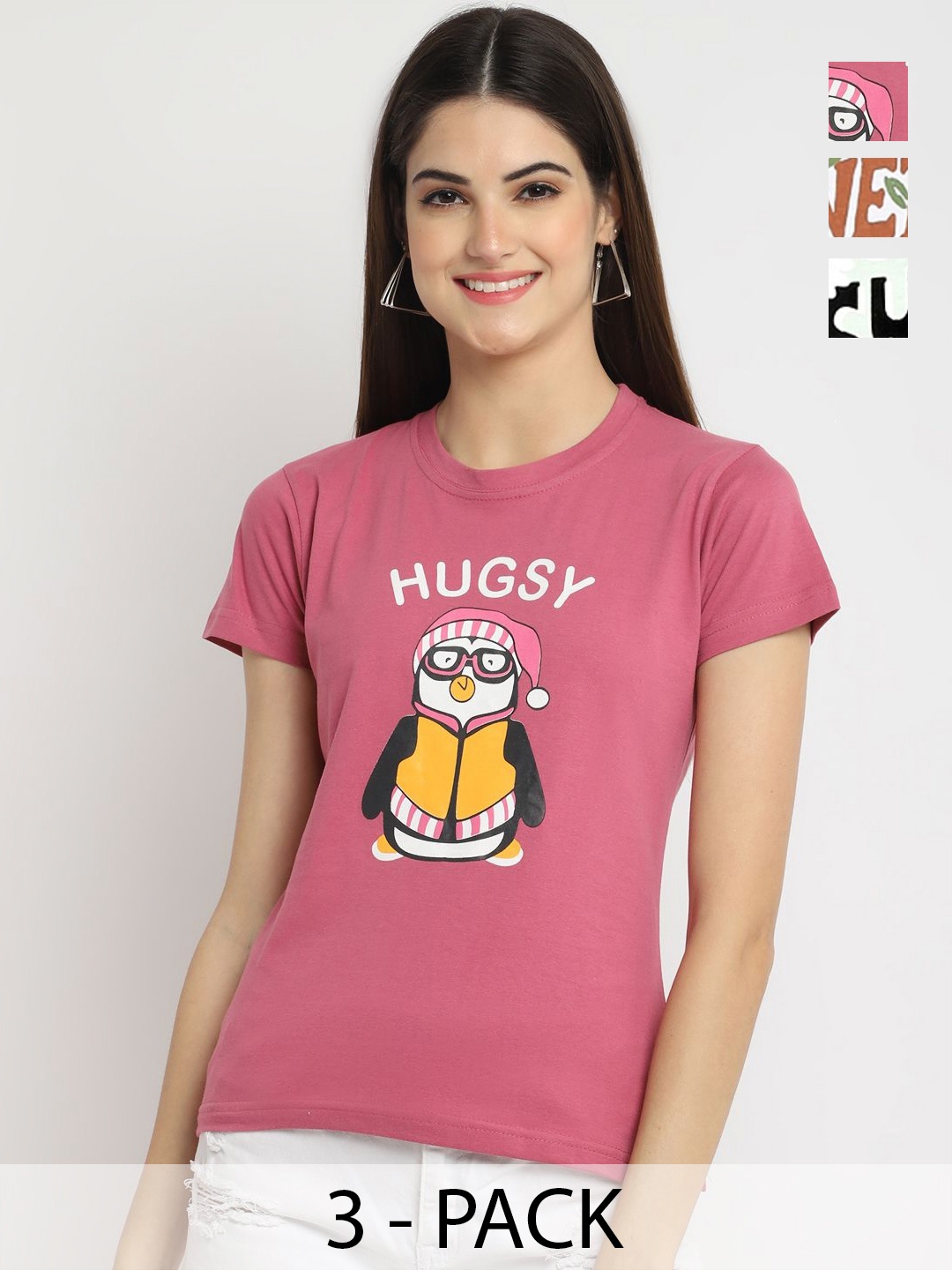 

Dreambe Pack Of 3 Typography Printed Round Neck Cotton T-shirt, Pink