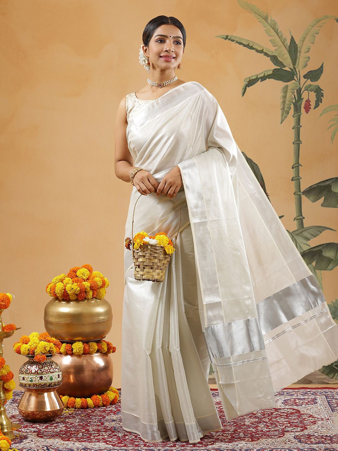 

Kalyan Solid Silks Zari Kasavu Saree With Blouse Piece, White