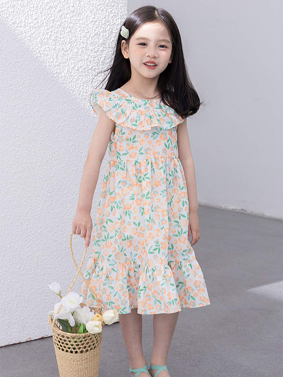 

LULU & SKY Floral Print Round Neck A-Line Midi Dress, Orange