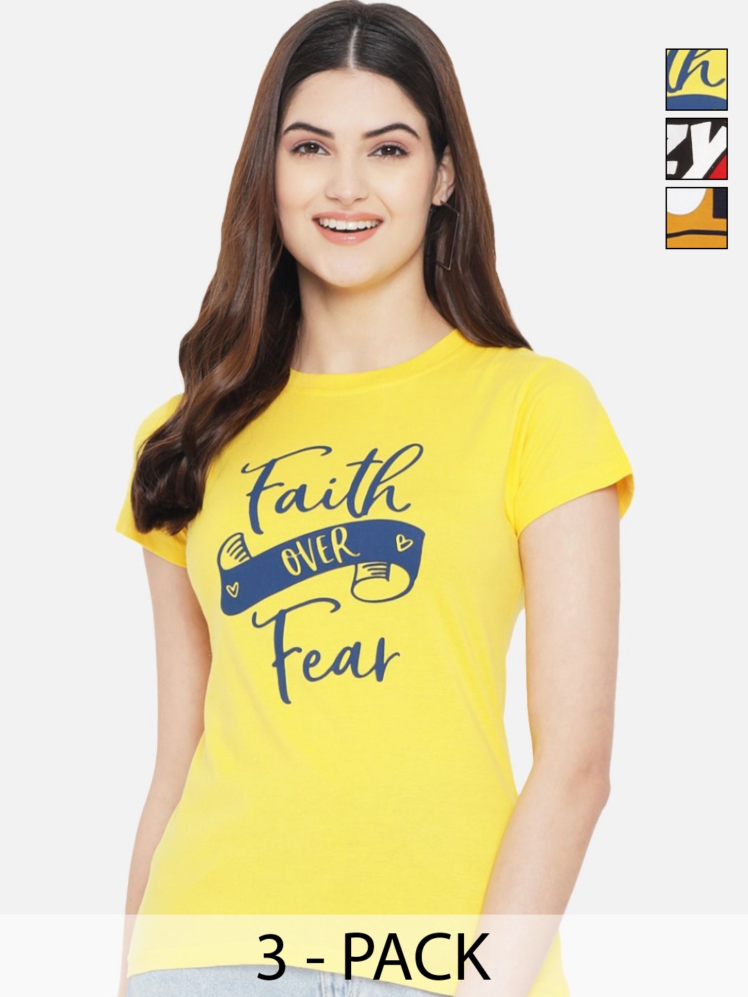 

Dreambe Women Pack of 3 Typography Printed Round Neck Cotton T-shirts, Yellow