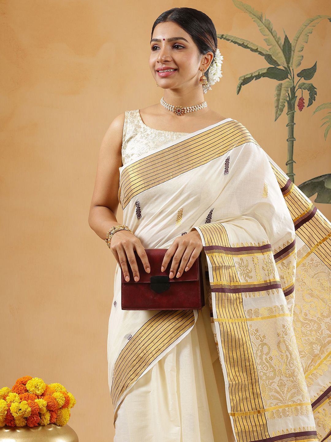 

Kalyan Silks Woven Design Zari Pure Cotton Kasavu Saree, Off white