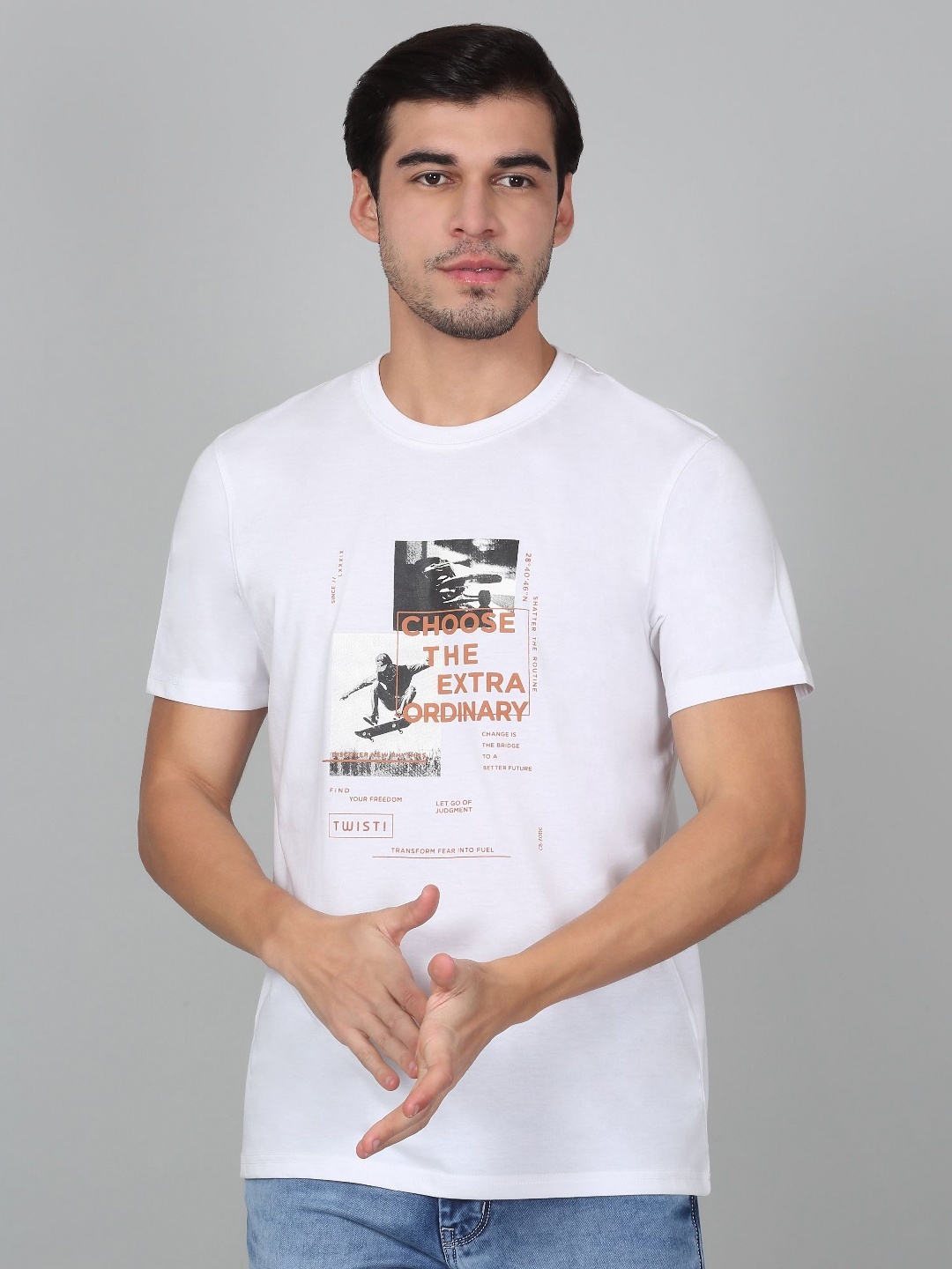 

Cantabil Men Graphic Printed Round Neck Cotton T-shirt, White