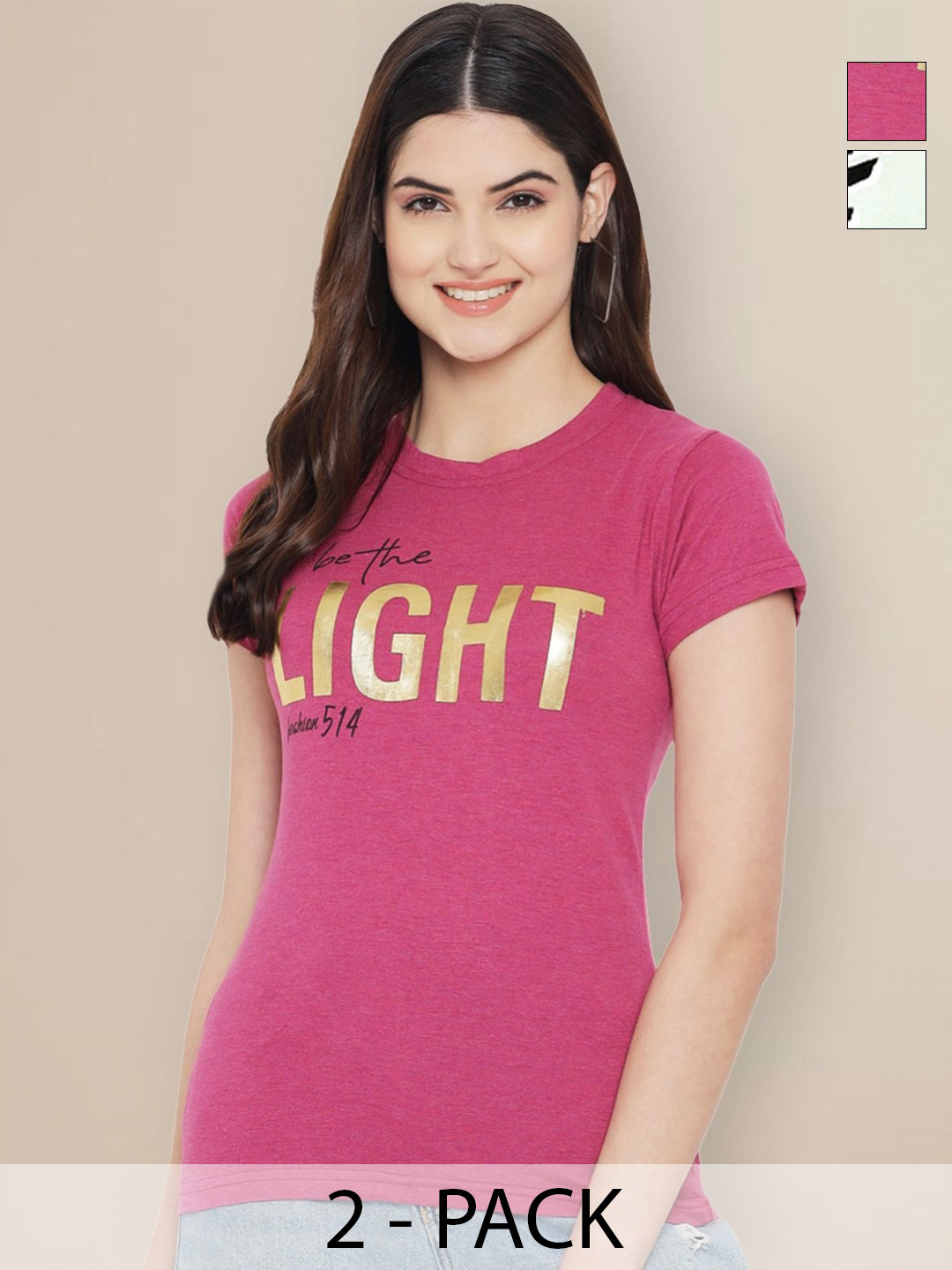 

GLOBAL NOMAD Women Pack of 2 Typography Printed Round Neck Cotton T-shirts, Pink