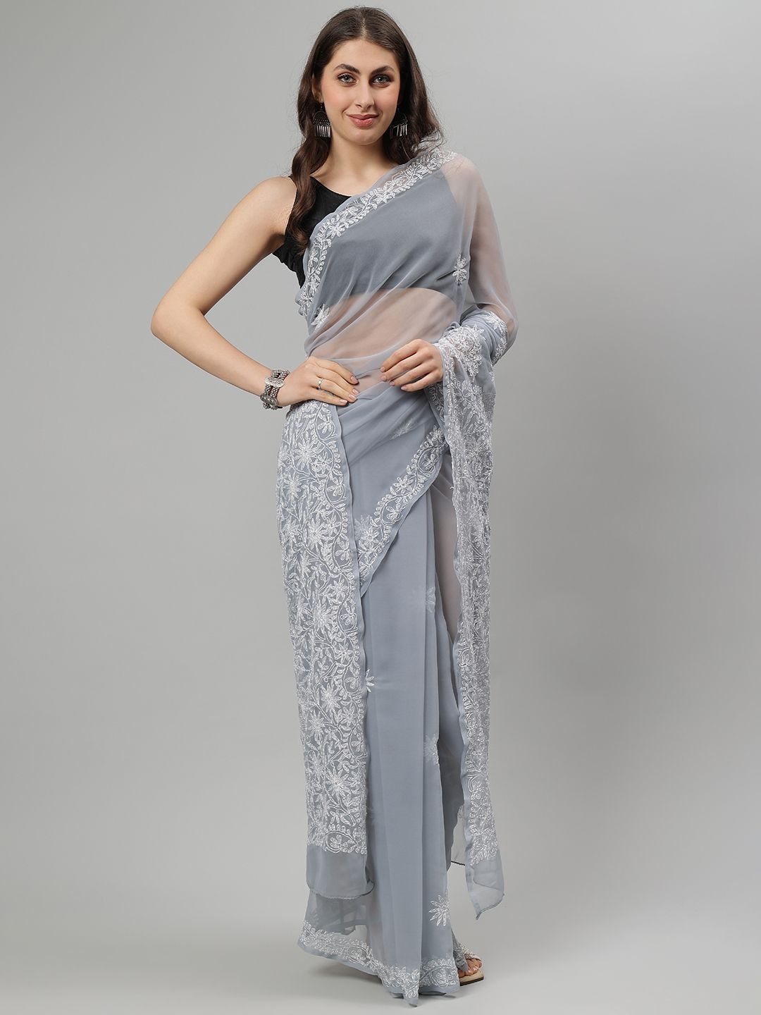 

Seva Chikan Hand Chikankari Embroidered Saree, Grey