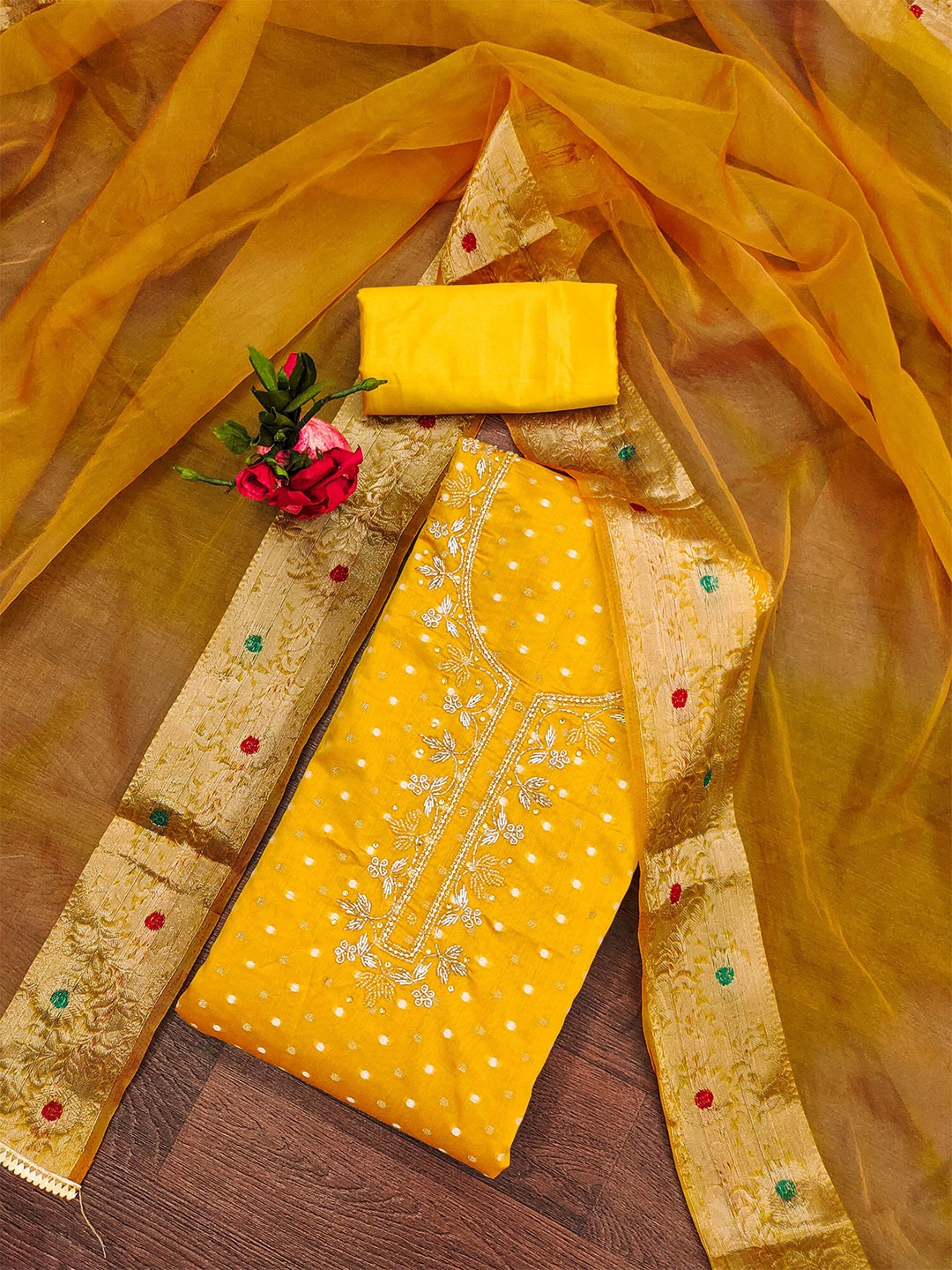 

SHADOW & SAINING Floral Embellished Beaded Semi-Stitched Dress Material, Mustard
