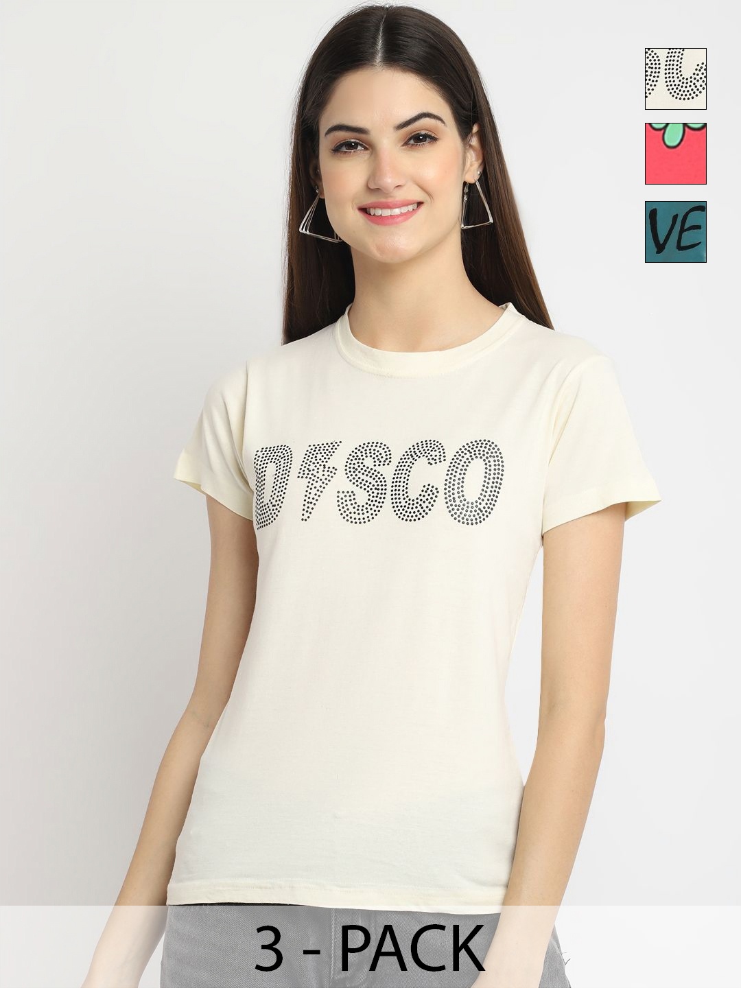 

Dreambe Pack of 3 Typography Printed Cotton Round Neck T-shirts, Cream