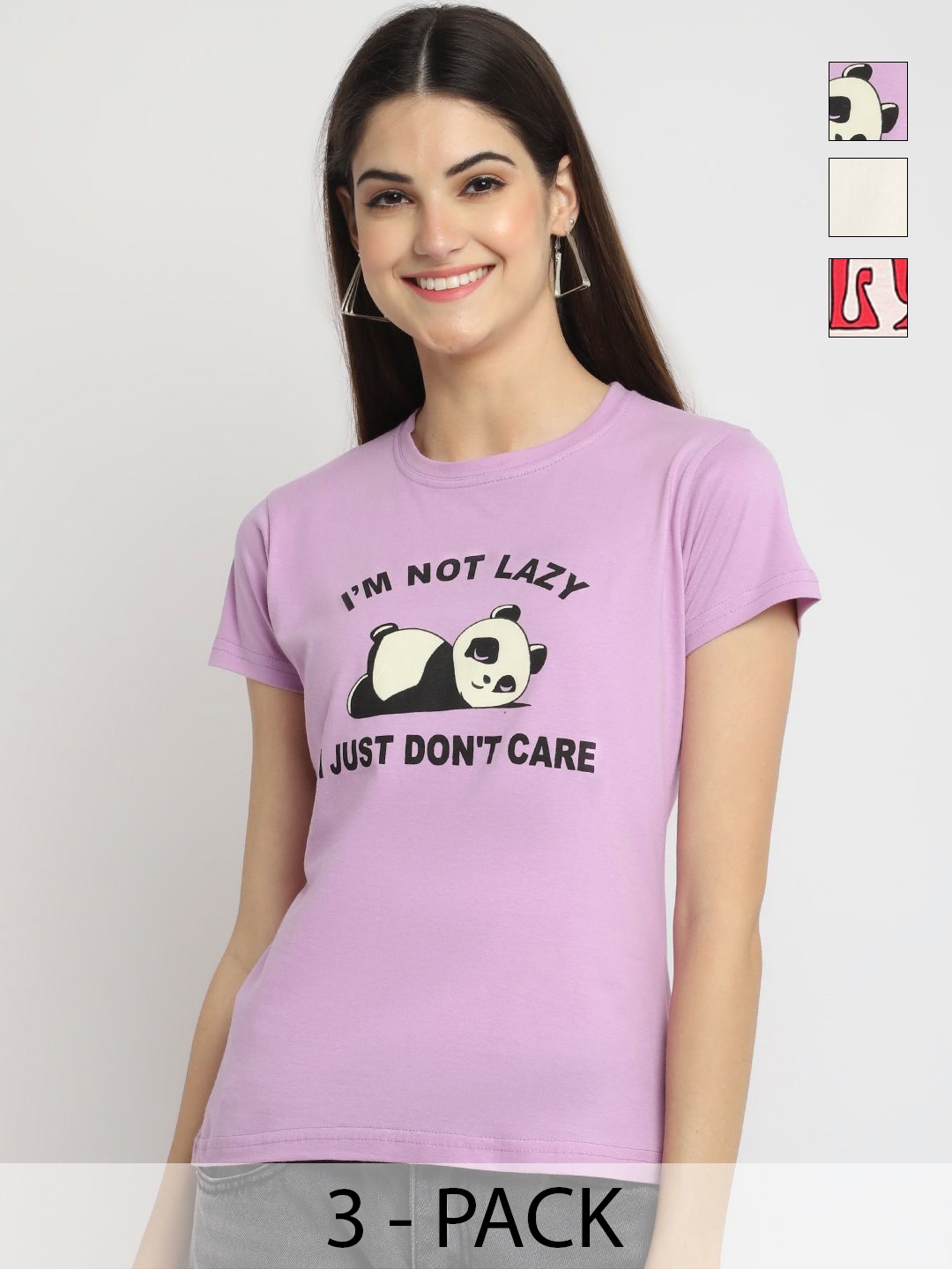 

Dreambe Women Pack of 3 Graphic Printed Round Neck Cotton T-shirts, Lavender