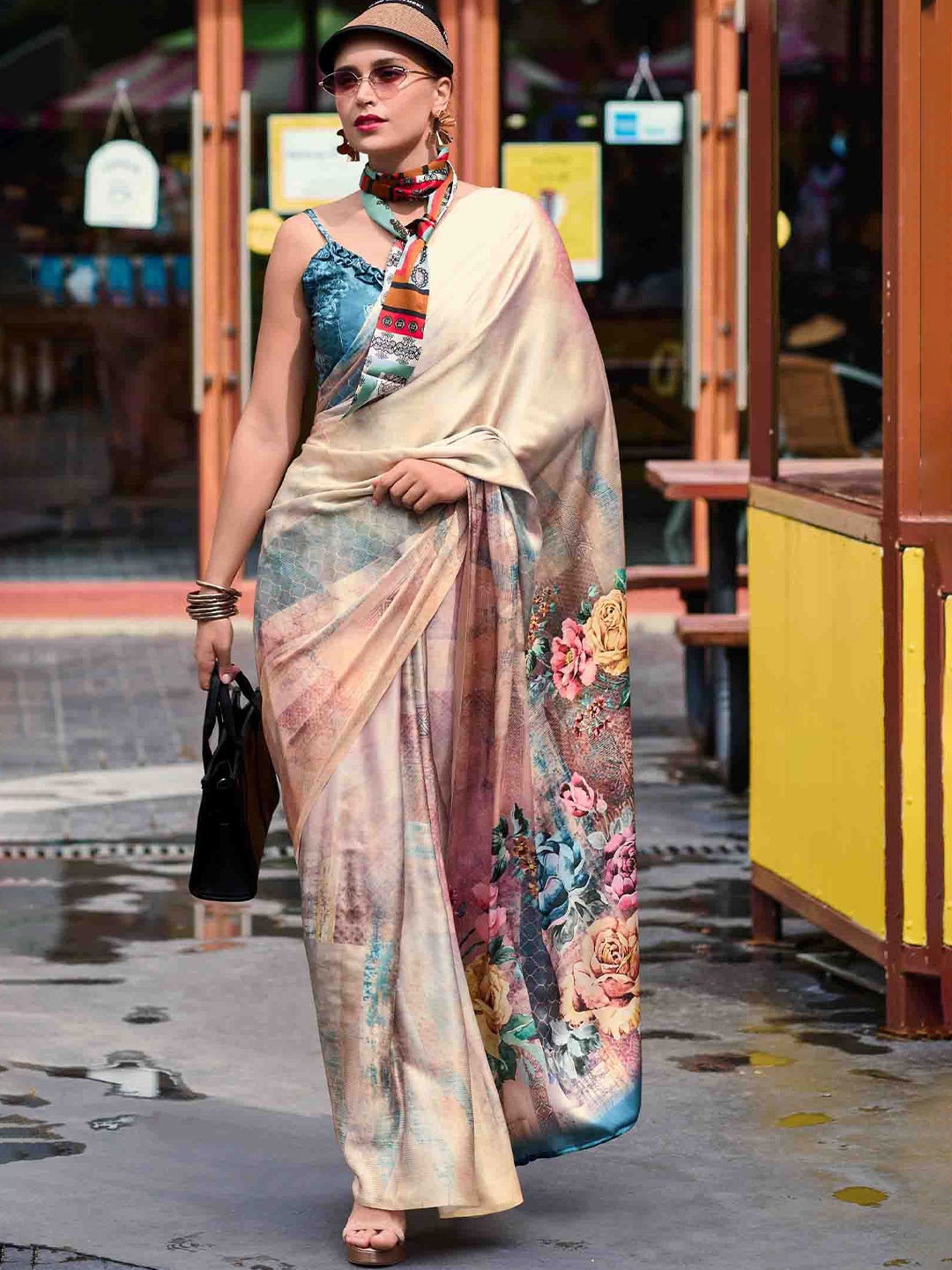

DIVASTRI Floral Print Satin Saree, Beige