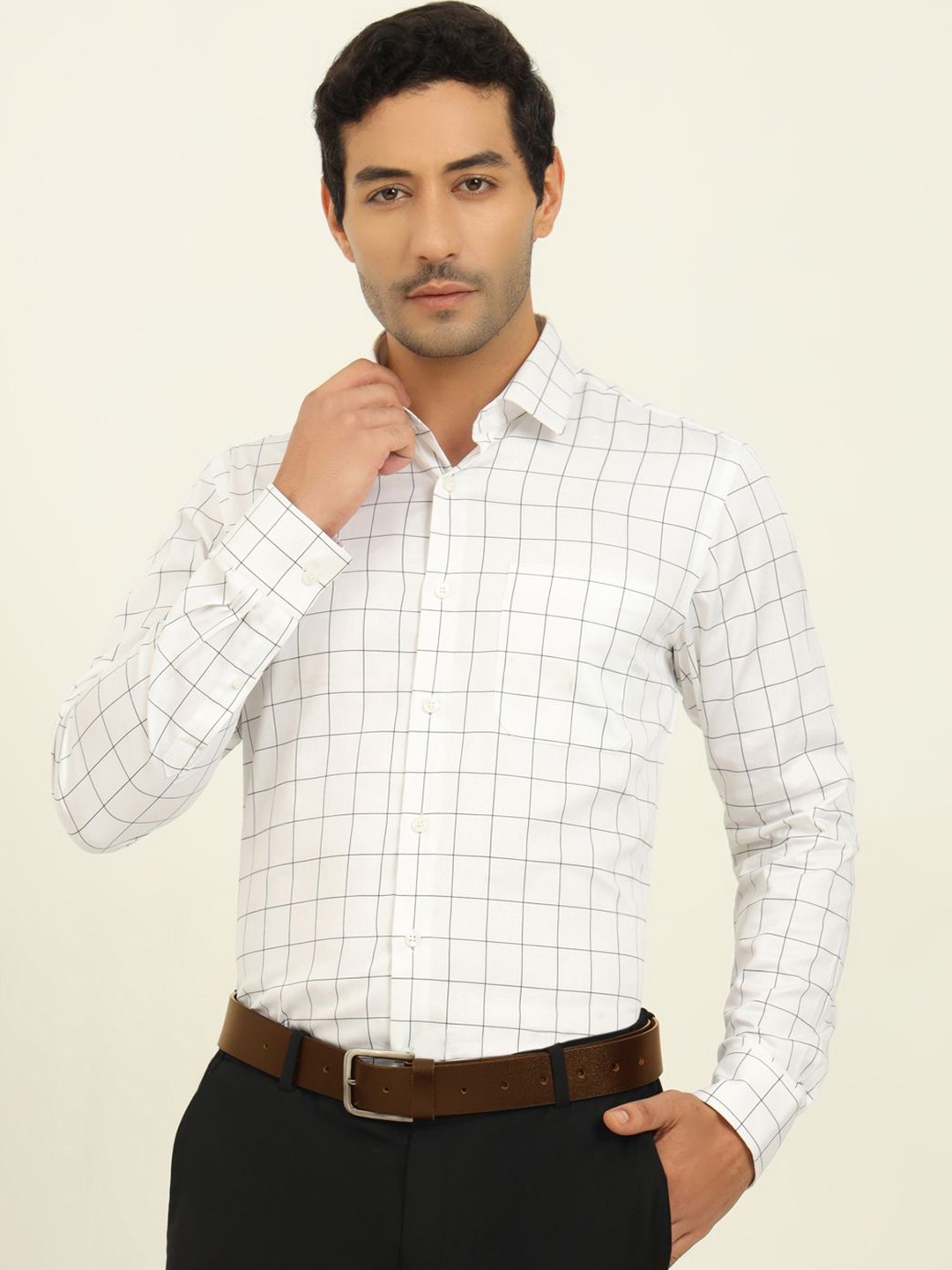 

JADE BLUE Men Slim Fit Spread Collar Windowpane Checked Cotton Formal Shirt, White