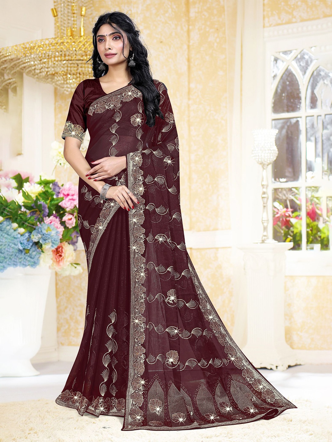 

ANJANI TEXTILE Ethnic Motifs Beads and Stones Tissue Heavy Work Saree, Brown