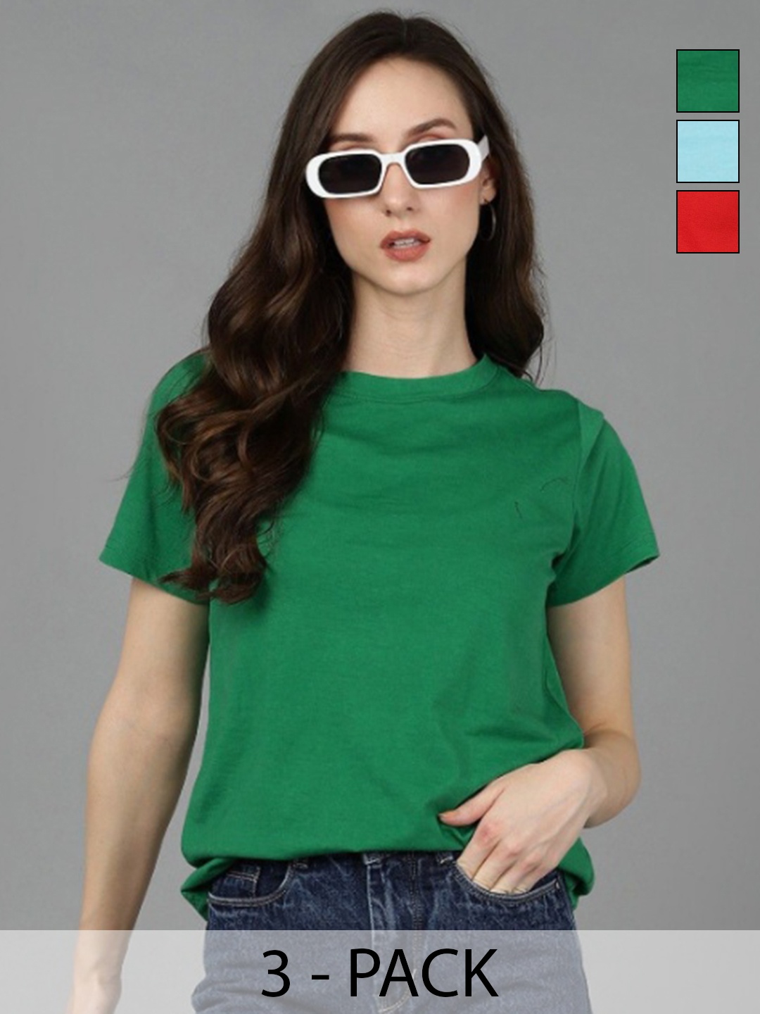 

Adyavastram Pack Of 3 Women Solid Cotton T-shirt, Green