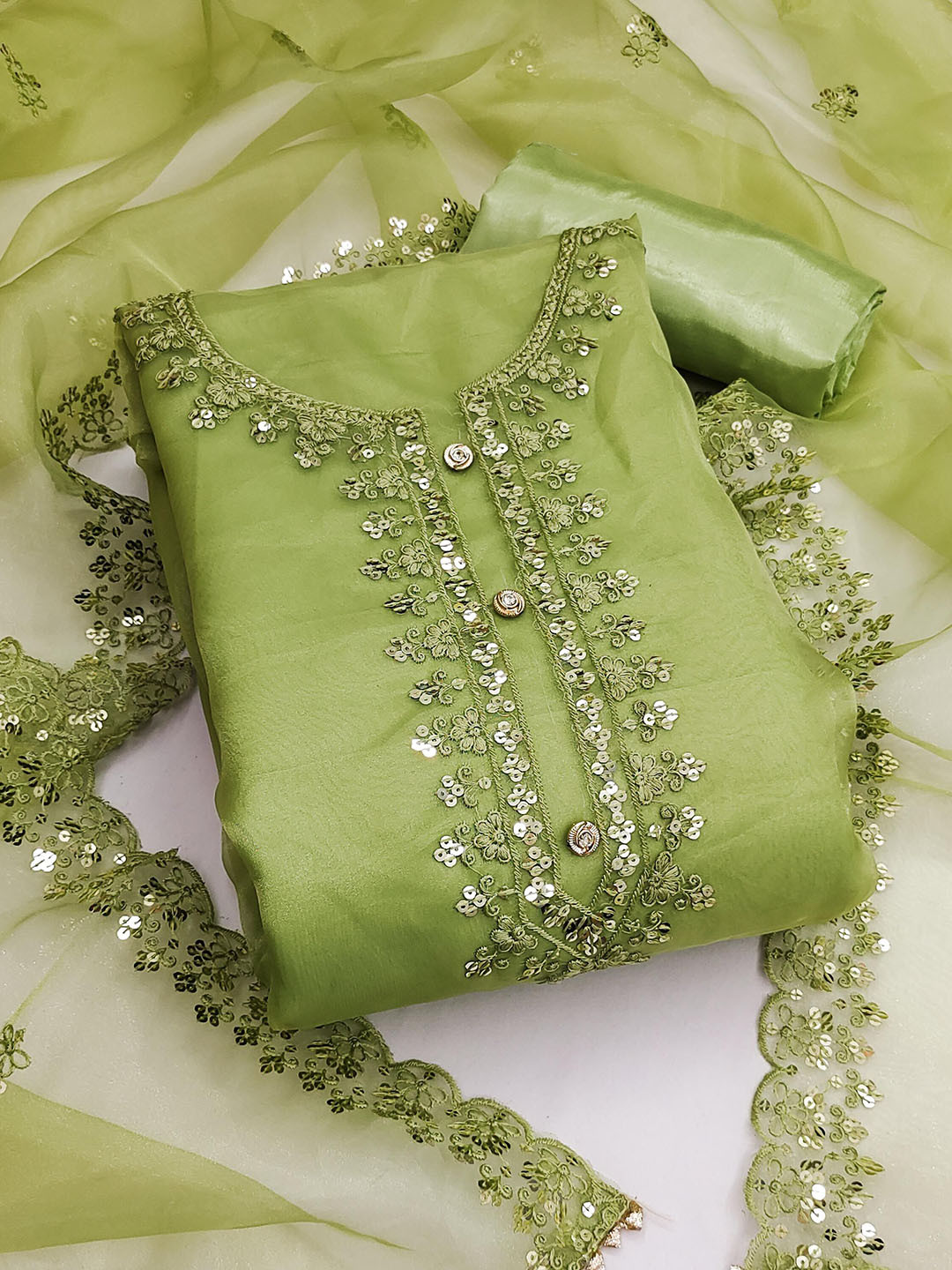 

SHADOW & SAINING Sequinned Embroidered Organza Semi-Stitched Dress Material, Green