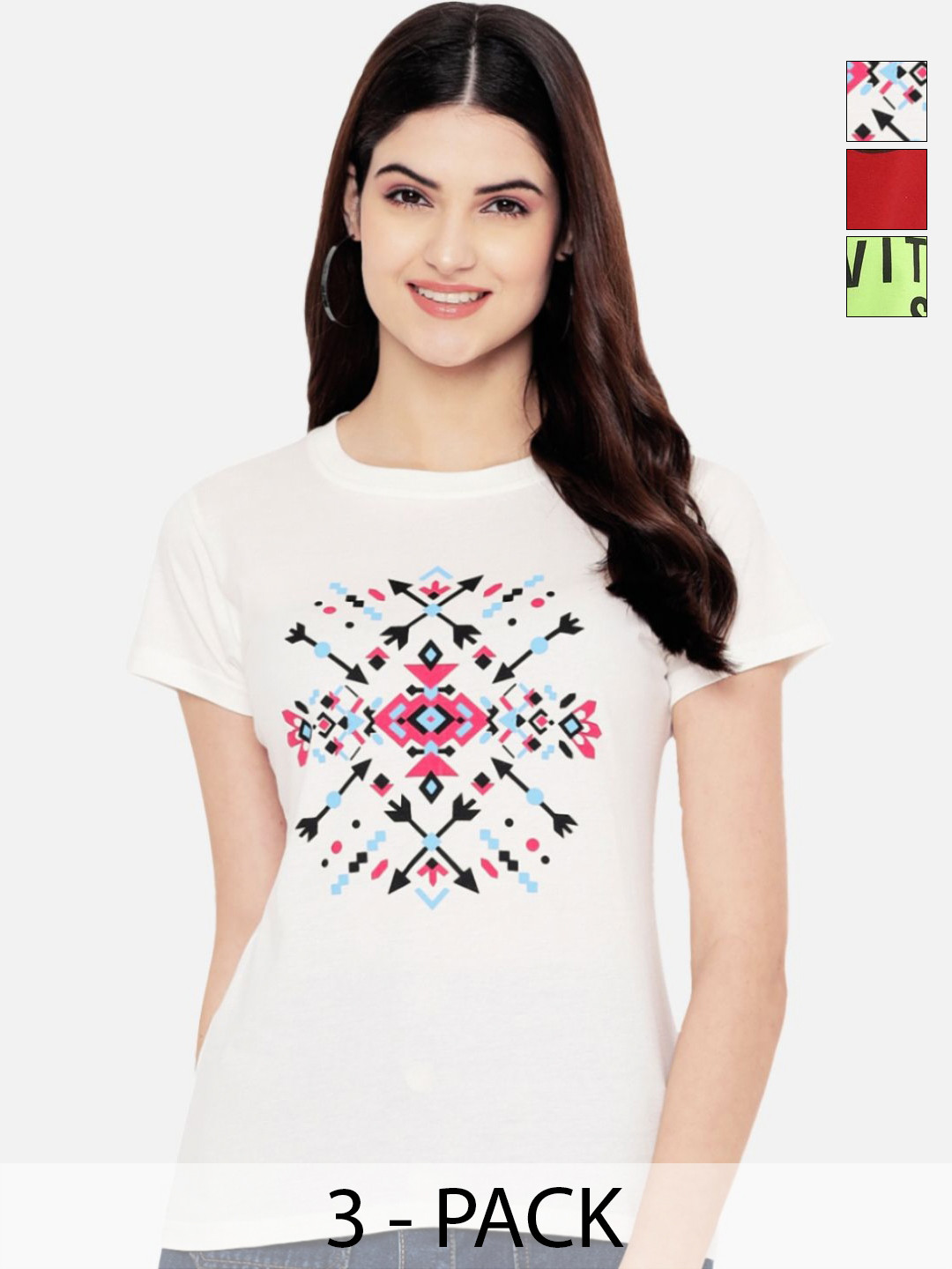 

Dreambe Women Pack of 3 Graphic Printed Round Neck Cotton T-shirts, White