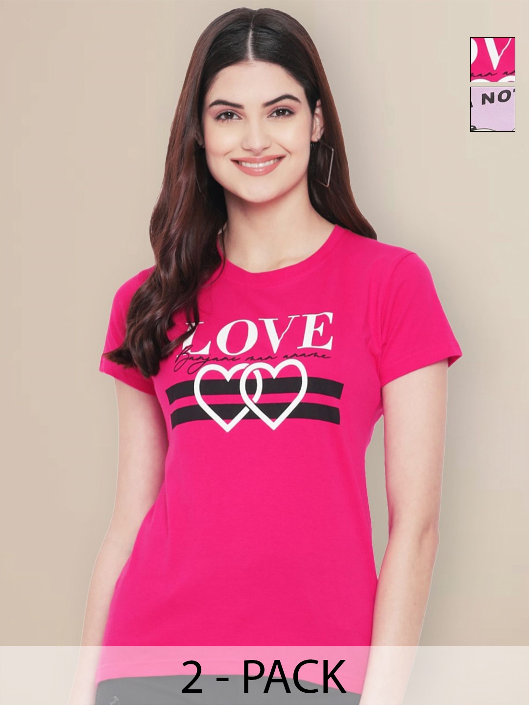 

GLOBAL NOMAD Women Pack of 2 Typography Printed Round Neck Cotton T-shirts, Fuchsia