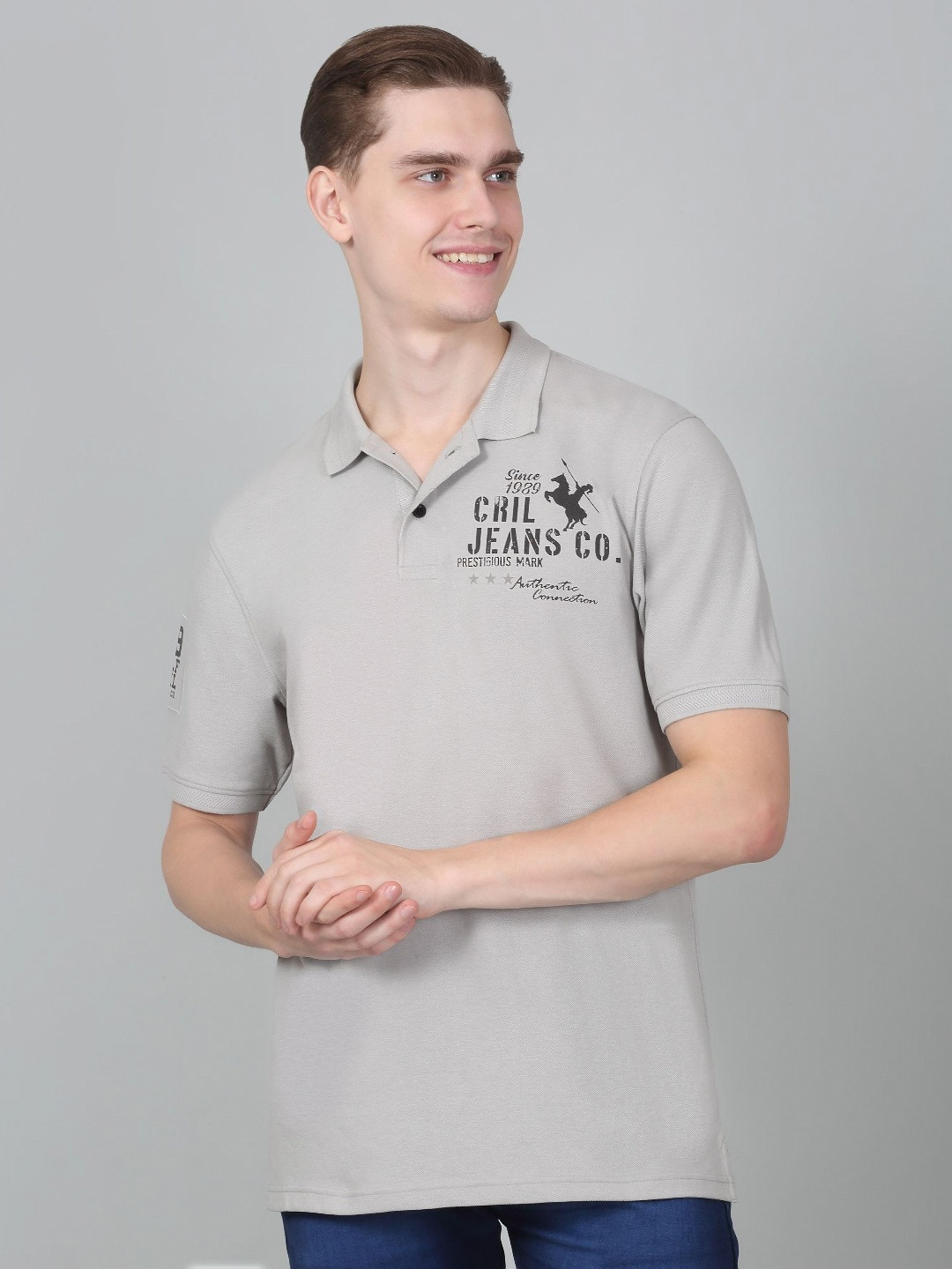 

Cantabil Men Typography Printed Polo Collar Cotton T-shirt, Grey