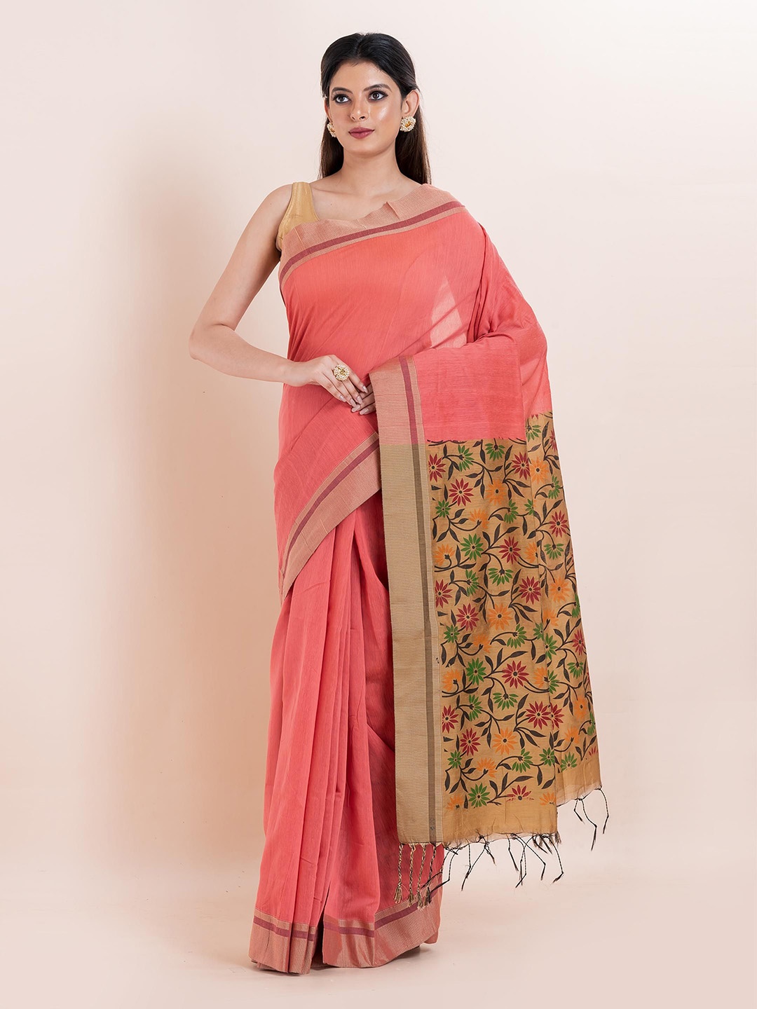

PUKU Floral Printed Saree, Peach