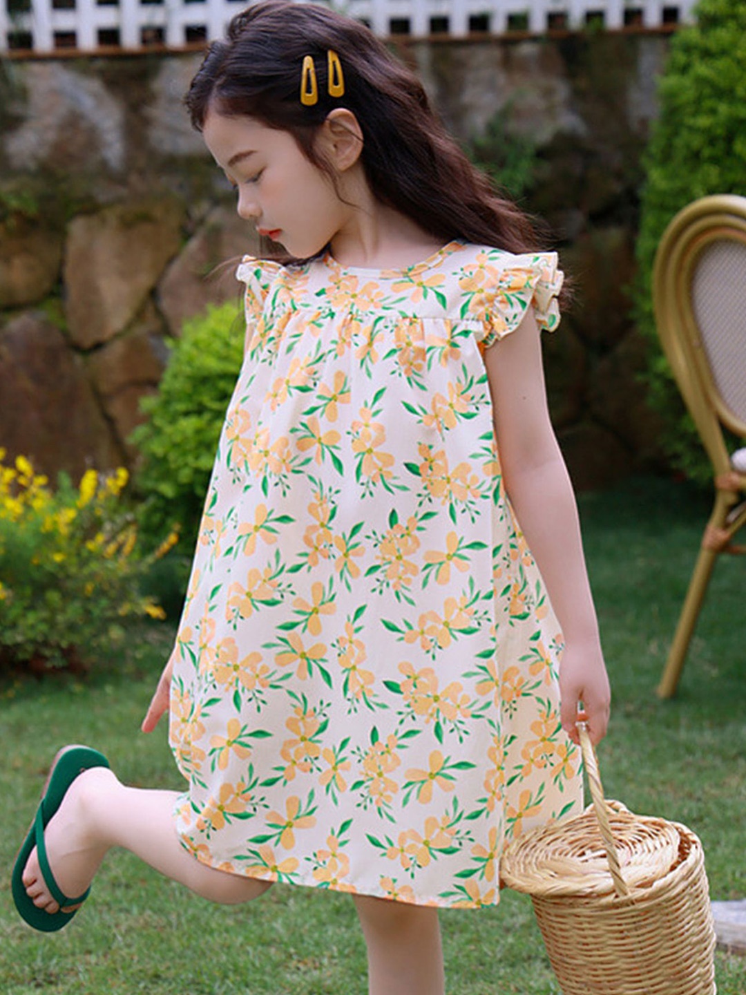 

LULU & SKY Girls Floral Printed Cotton A-Line Dress, Yellow