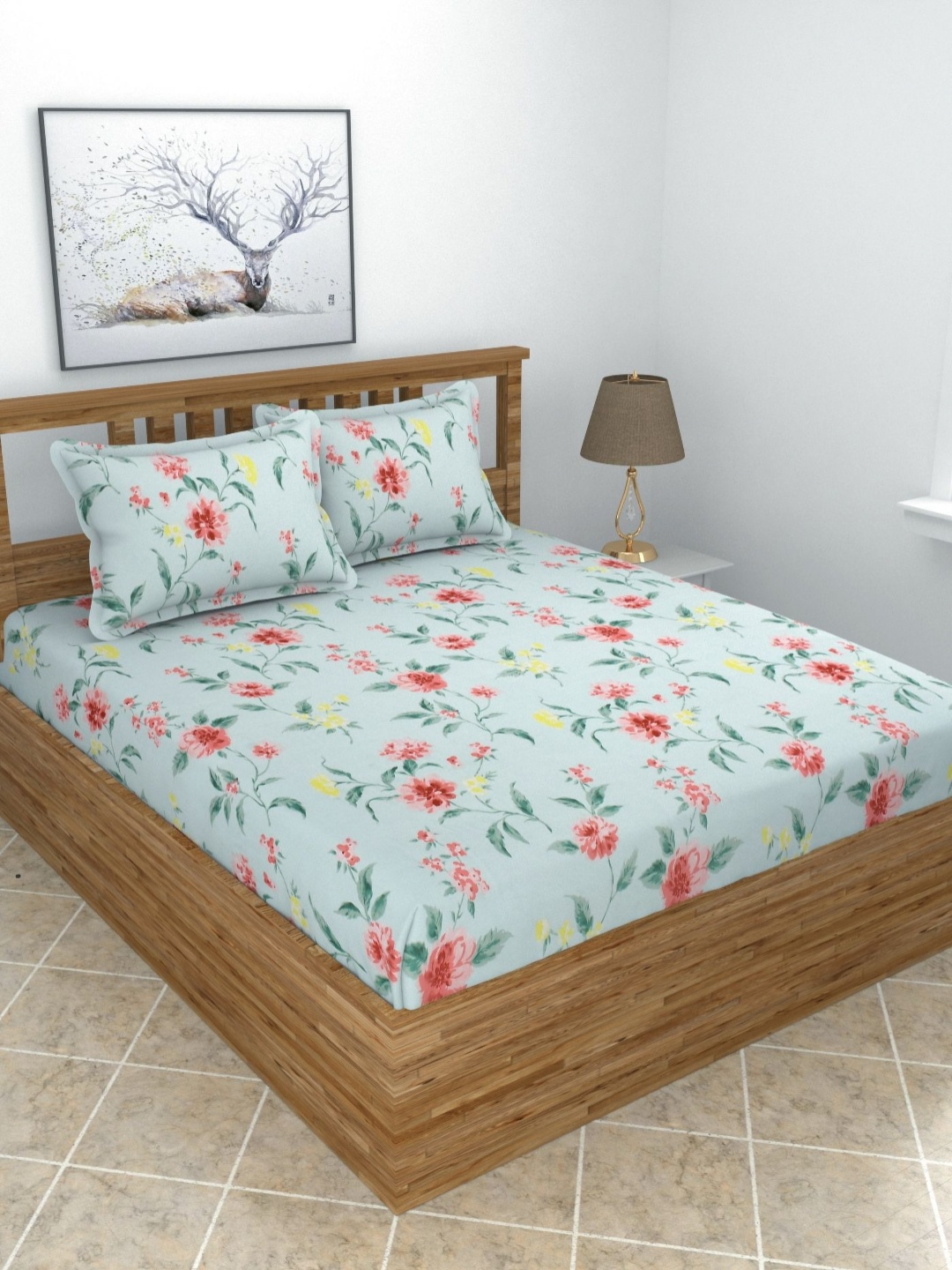 

MORADO Green & Pink Floral Printed Cotton 210 TC King Bedsheet Set- 2.74 m x 2.74