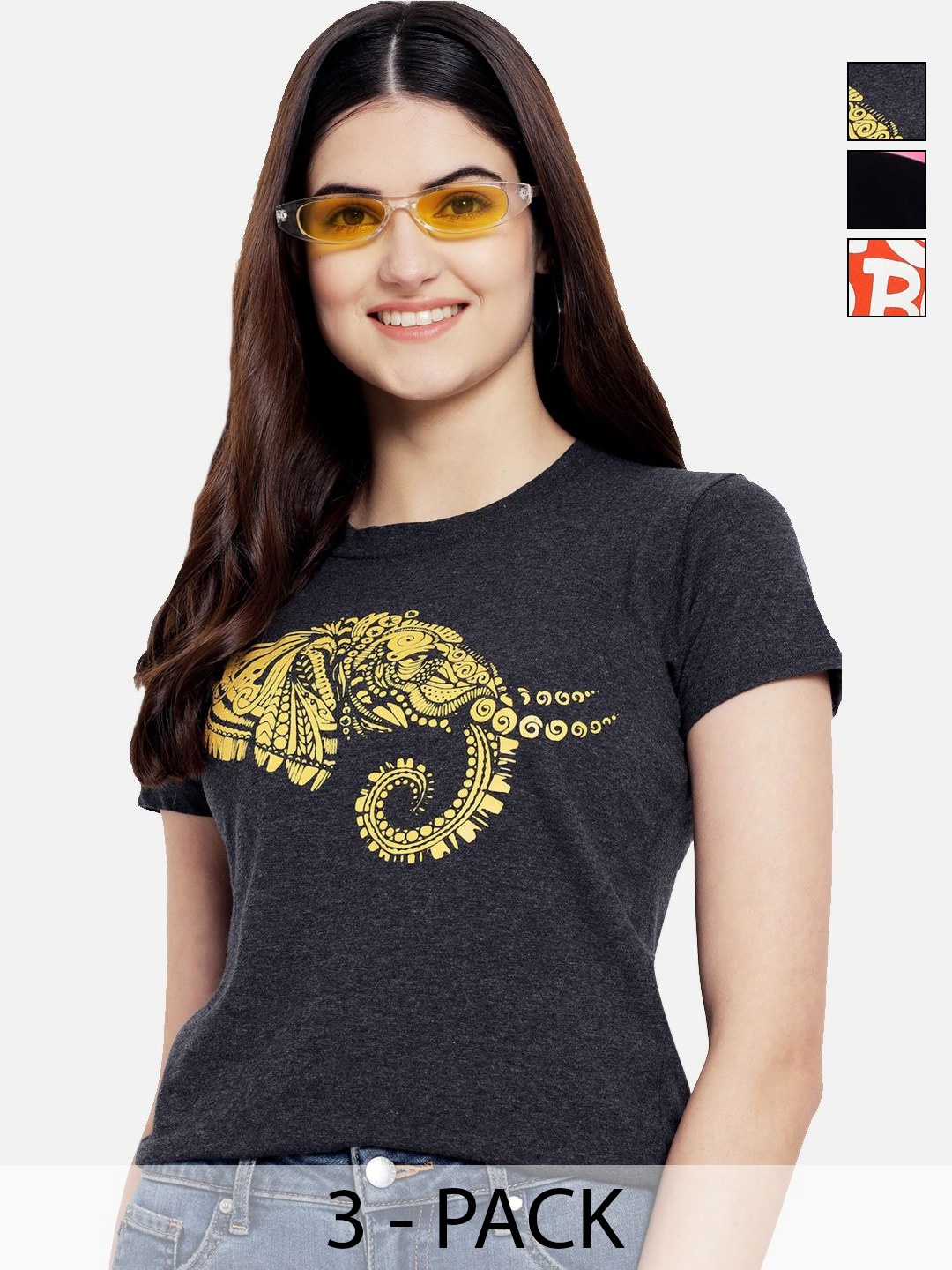 

Dreambe Women Pack of 3 Graphic Printed Round Neck Cotton T-shirts, Charcoal