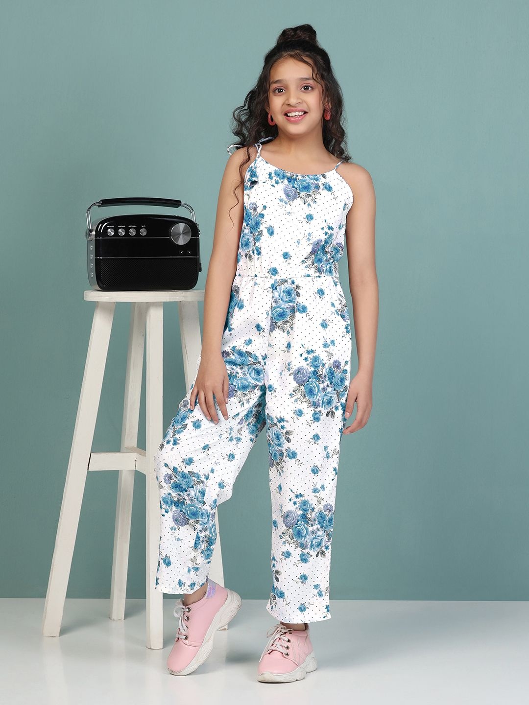 

YK Girls Floral Printed Basic Jumpsuit, White
