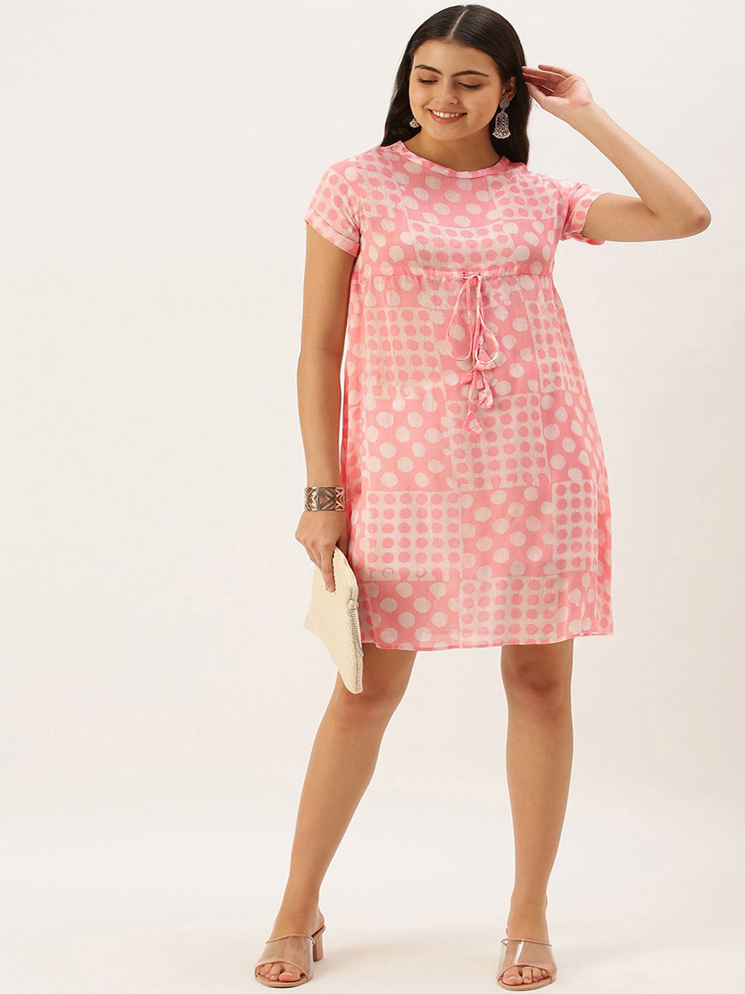 

KALINI Women Printed Boat Neck Shift Dress, Pink