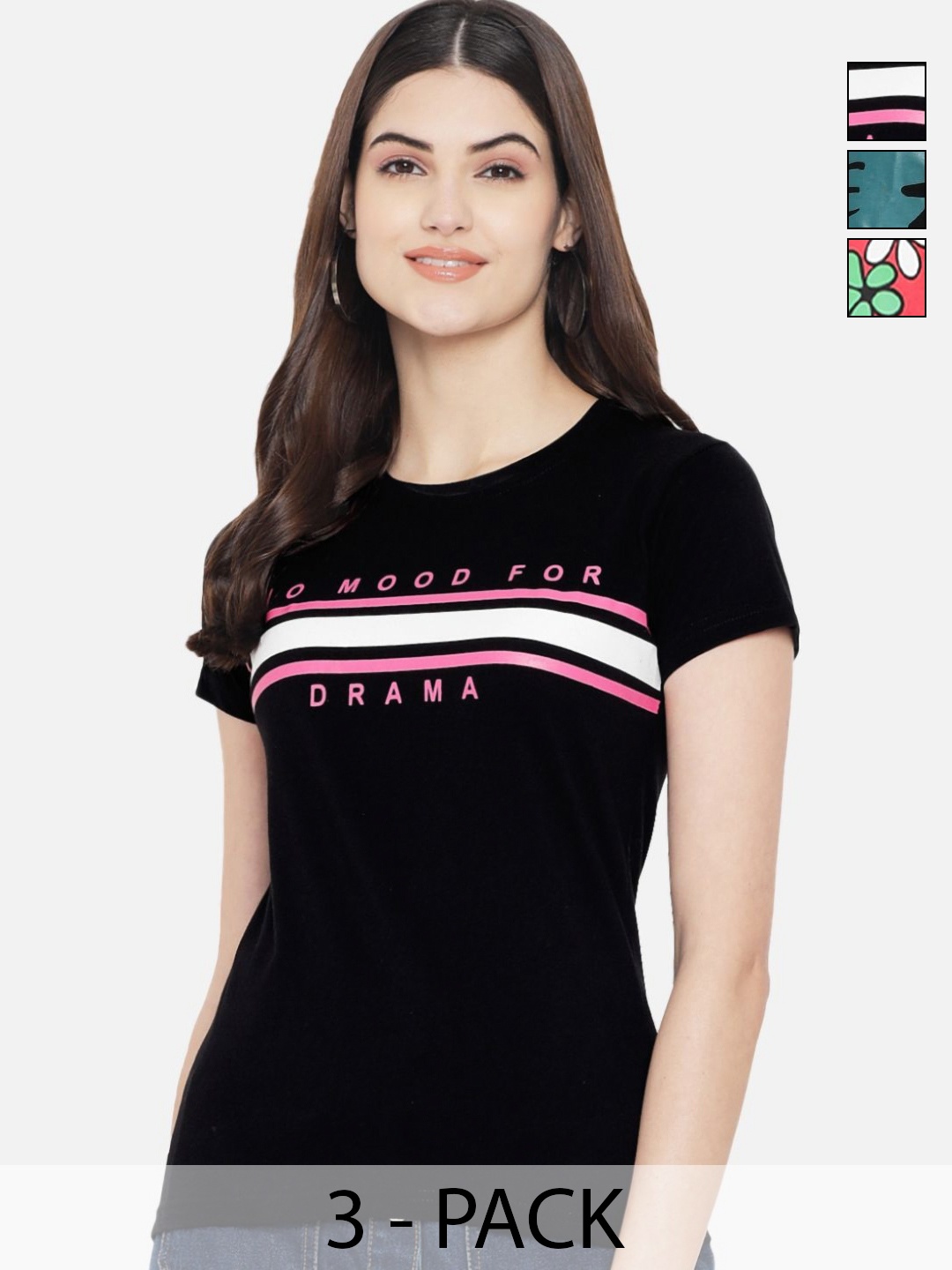 

Dreambe Women Pack of 3 Typography Printed Round Neck Cotton T-shirts, Black