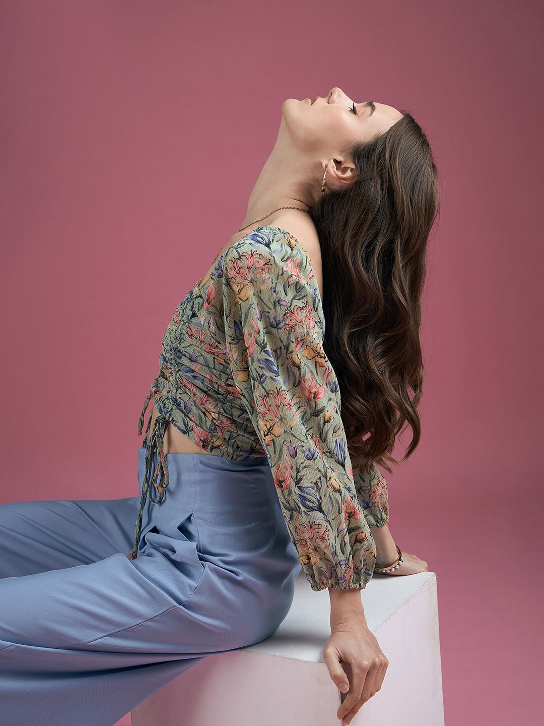 

CORSICA Floral Print Puff Sleeve Crepe Crop Top, Green