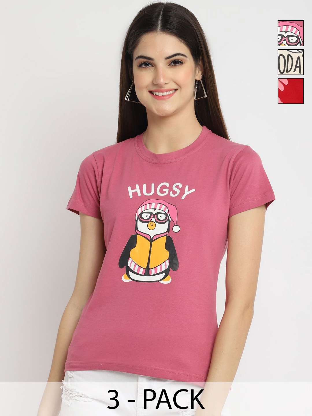 

Dreambe Women Pack of 3 Graphic Printed Round Neck Cotton T-shirts, Pink