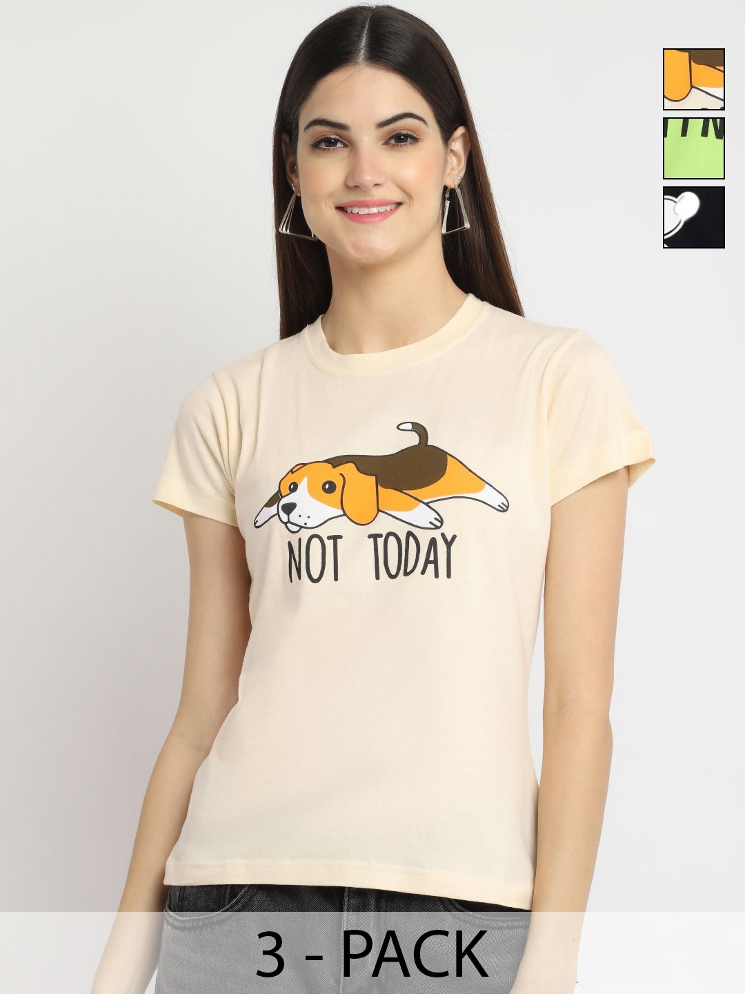 

Dreambe Women Pack of 3 Mickey Mouse Graphic Printed Round Neck Cotton T-shirts, Cream