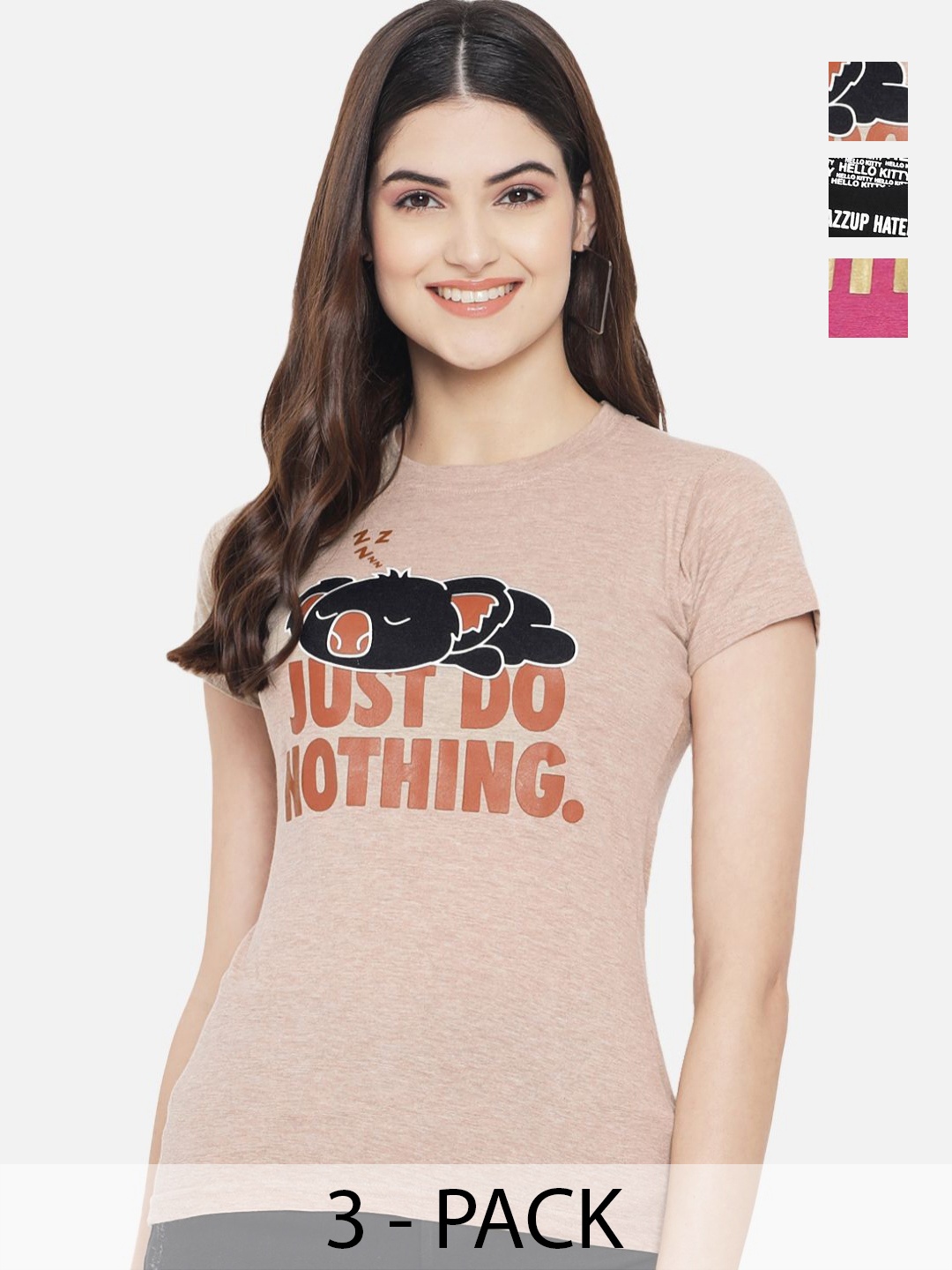 

Dreambe Pack Of 3 Typography Printed Cotton T-shirt, Peach