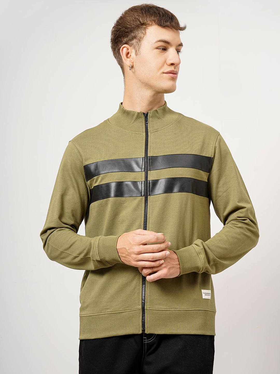 

Genoa Men Printed Cotton Front-Open Sweatshirt, Olive
