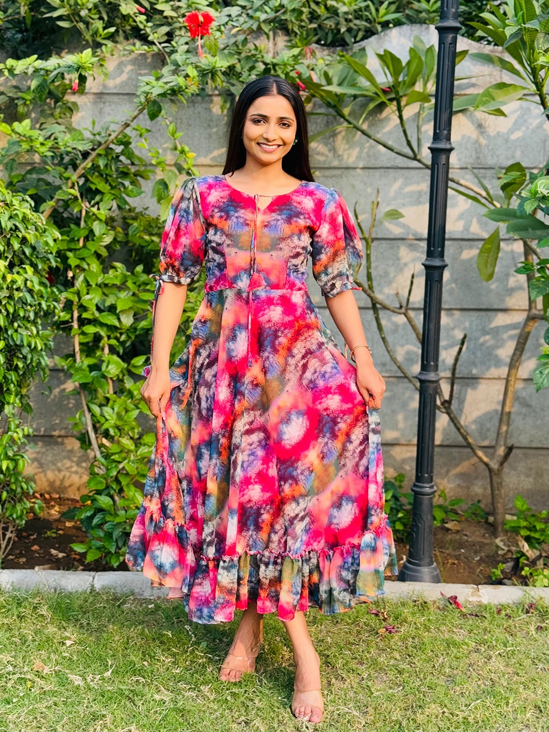 

Kudbi Women Abstract Printed Tie-Up Neck Fit and Flare Dress, Pink