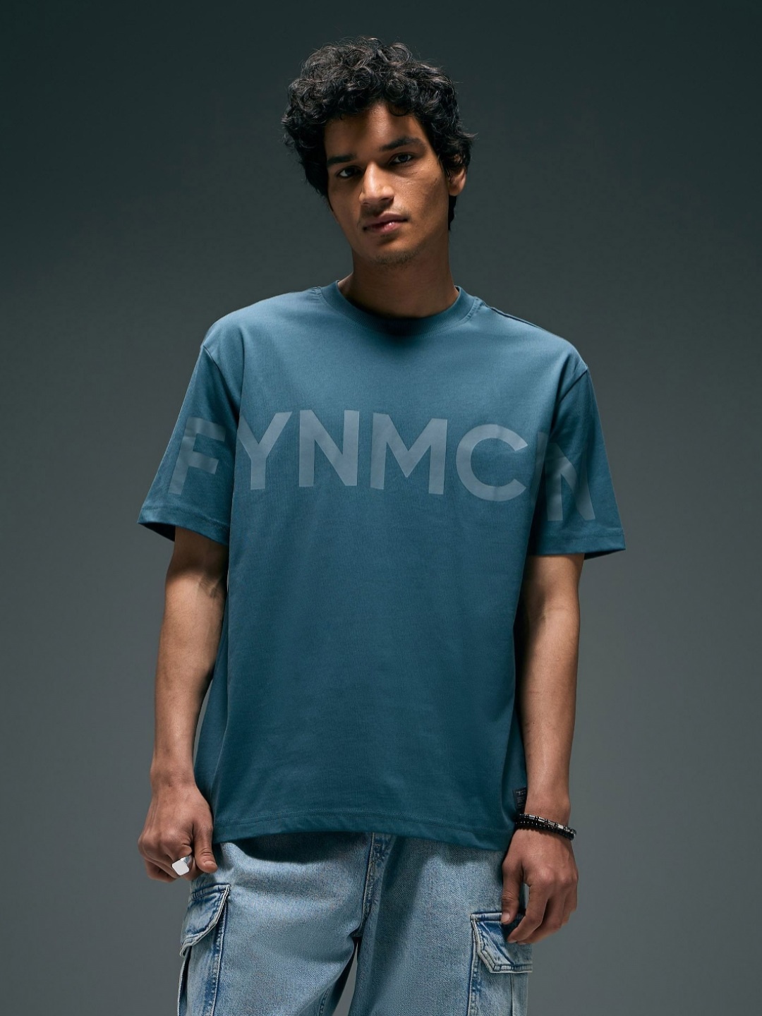 

Flying Machine Brand Logo Printed Round Neck Drop-Shoulder Sleeves T-shirt, Blue