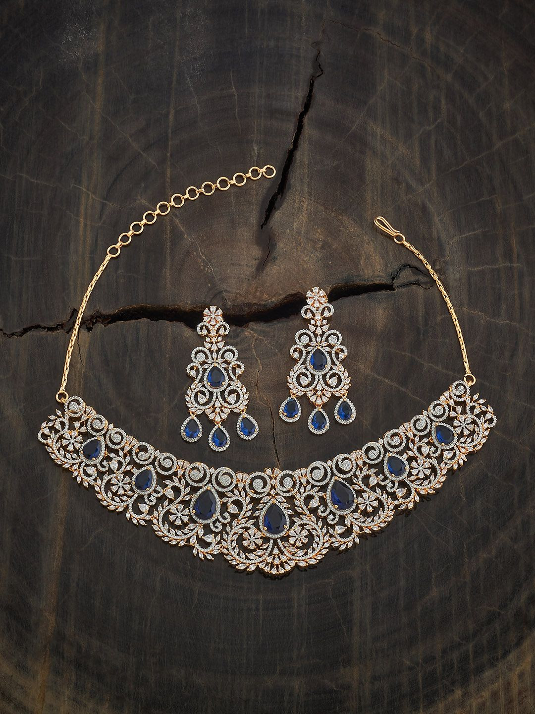 

Kushal's Fashion Jewellery Sapphire Gold-Plated Zircon Studded Party Jewellery Set