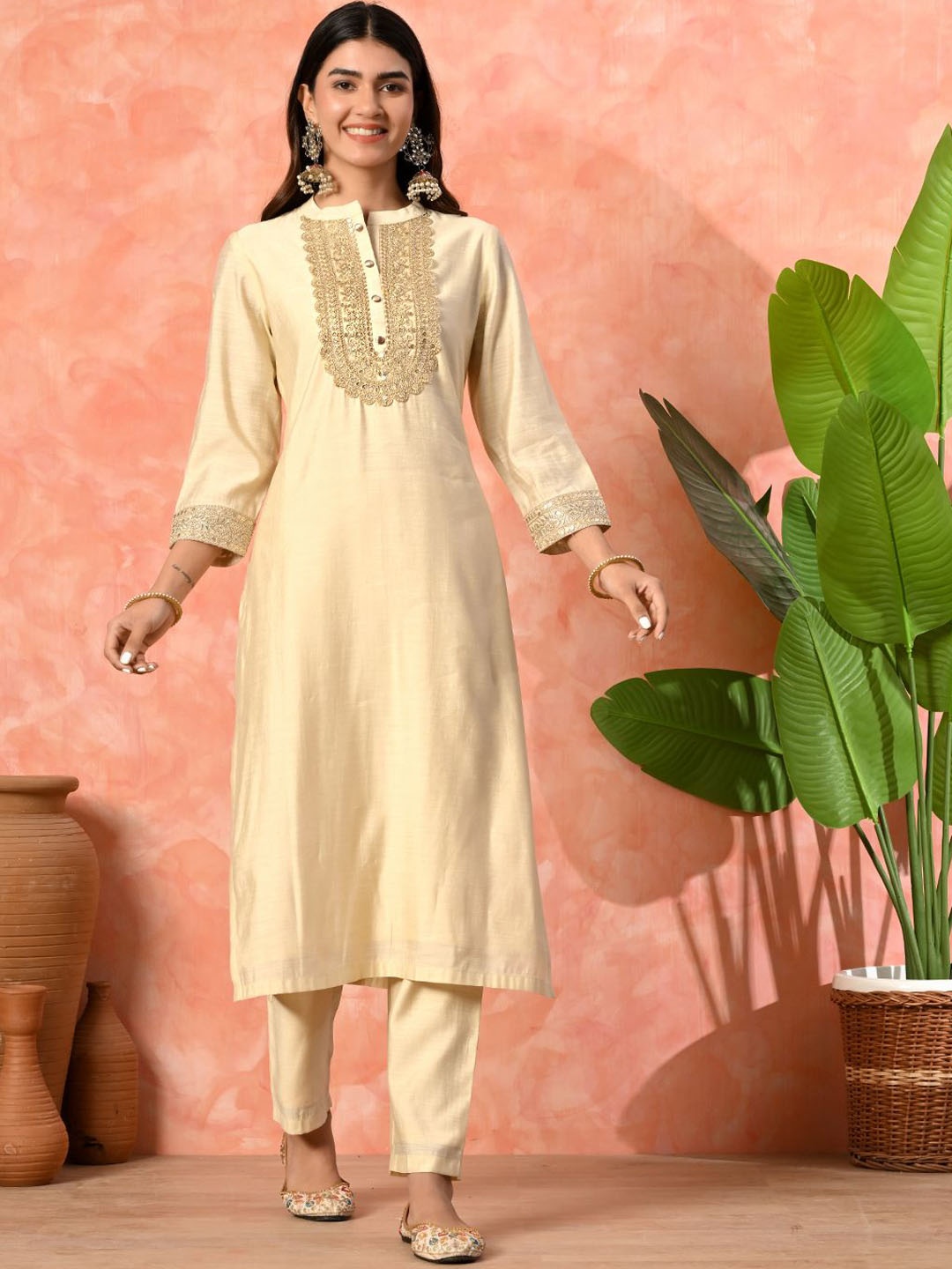 

Sangria Floral Yoke Design Mandarin Collar Thread Work Straight Kurta With Trousers, Beige