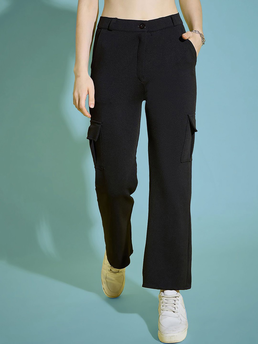 

Dream Beauty Fashion Women Loose Fit High-Rise Easy Wash Cargos Trousers, Black