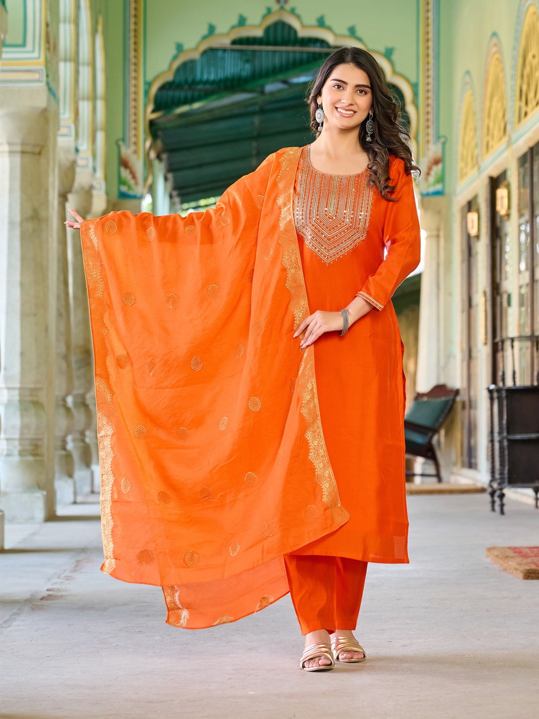 

REALLTREND Geometric Yoke Design Sequinned Straight Kurta With Trousers & Dupatta, Orange