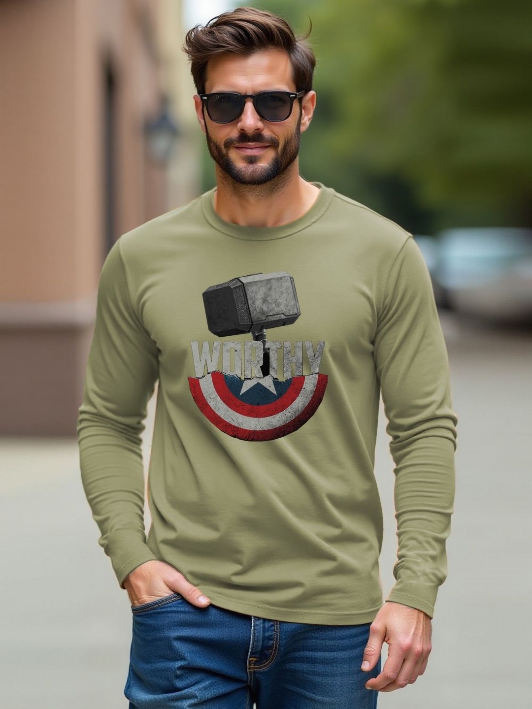 

Genzy Men Graphic Printed Round Neck Cotton T-shirt, Olive